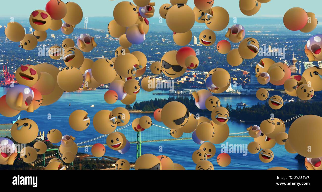 Image of emoji icons flying over cityscape and blue sky 4k Stock Photo ...