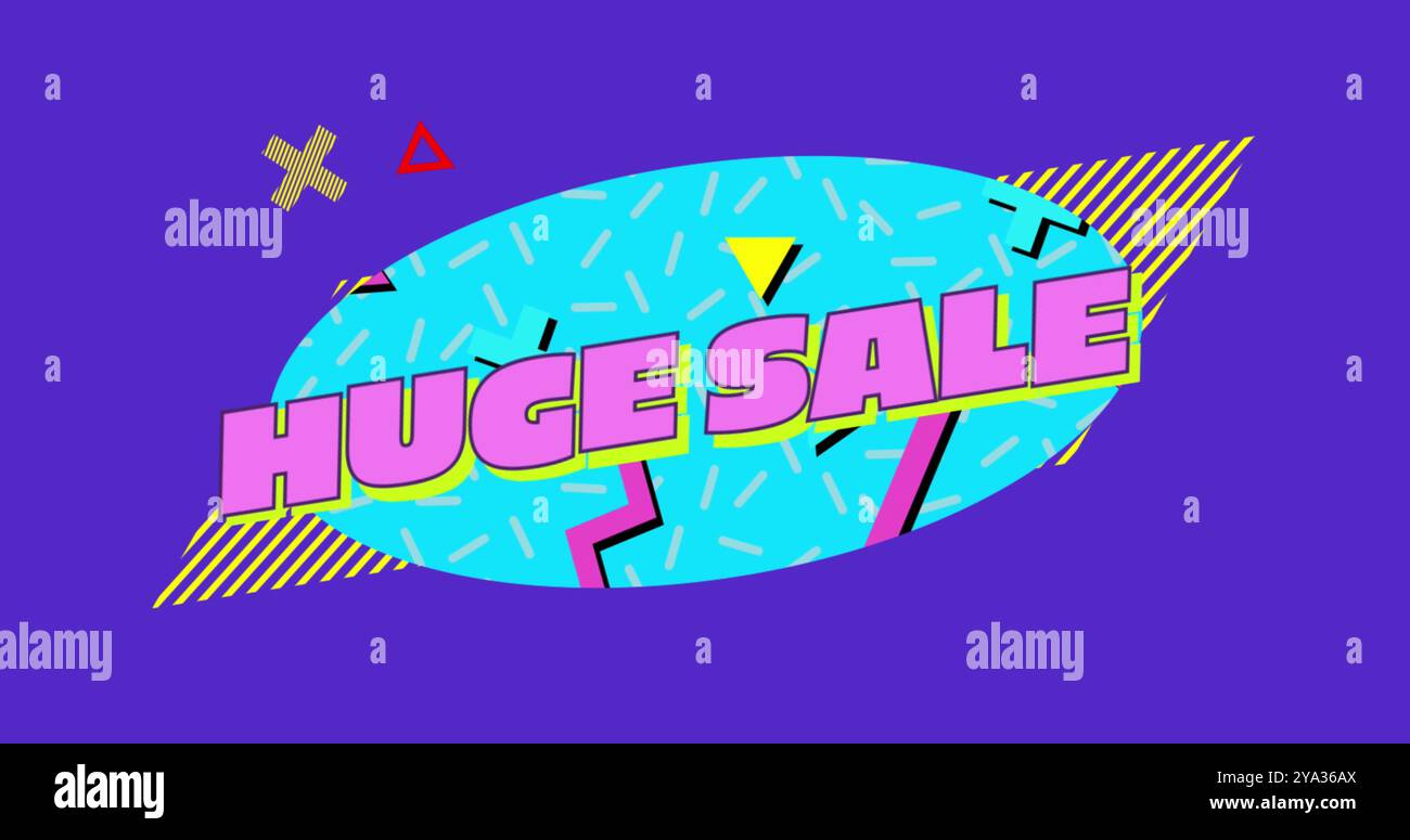 Image of the words Huge Sale written in pink letters on a blue oval with moving graphic elements on a purple background 4k Stock Photo