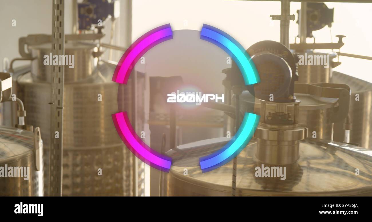 Image of speedometer over refinery. Global business, finances, data processing and digital interface concept digitally generated image. Stock Photo