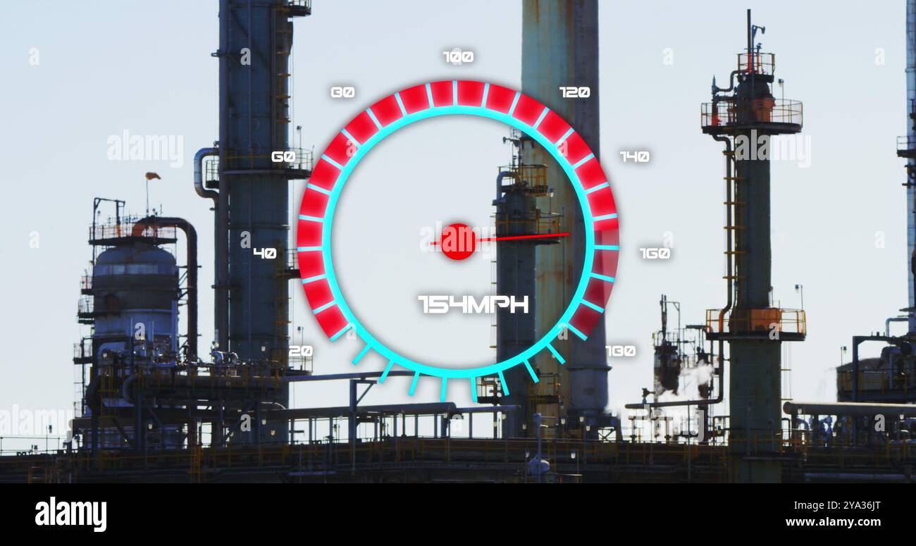 Image of speedometer over refinery. Global business, finances, data processing and digital interface concept digitally generated image. Stock Photo