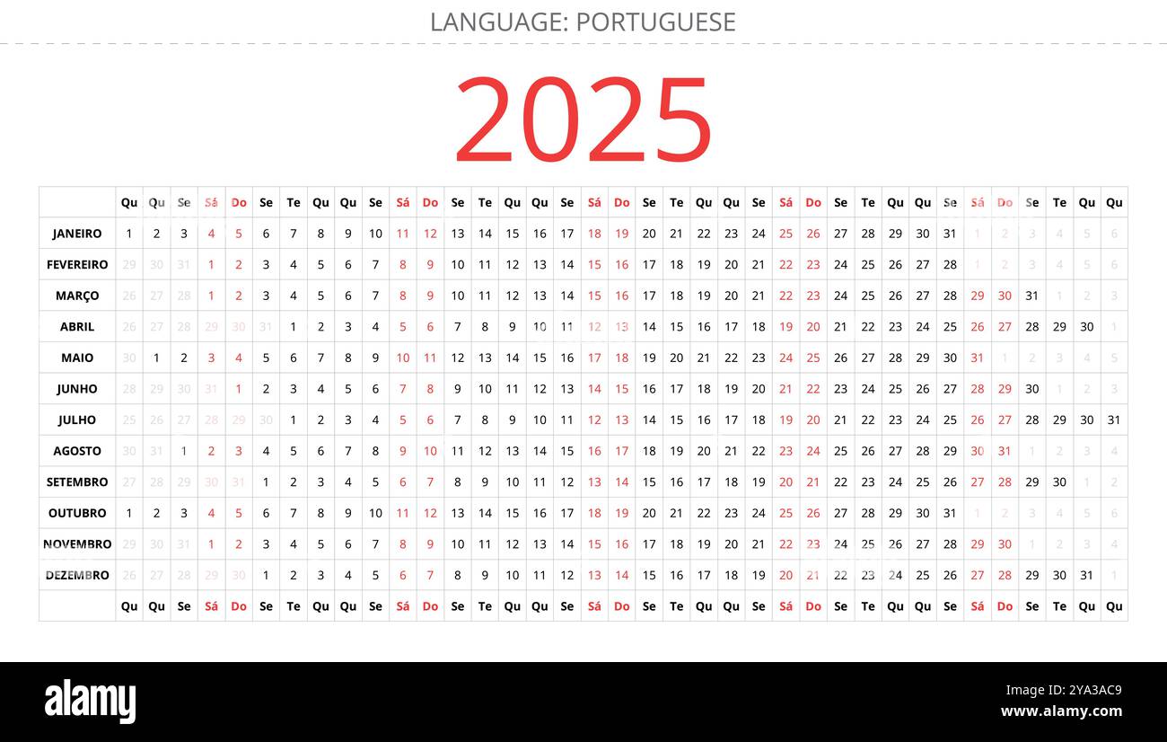 PORTUGUESE linear calendar for 2025 year. Printable template vector