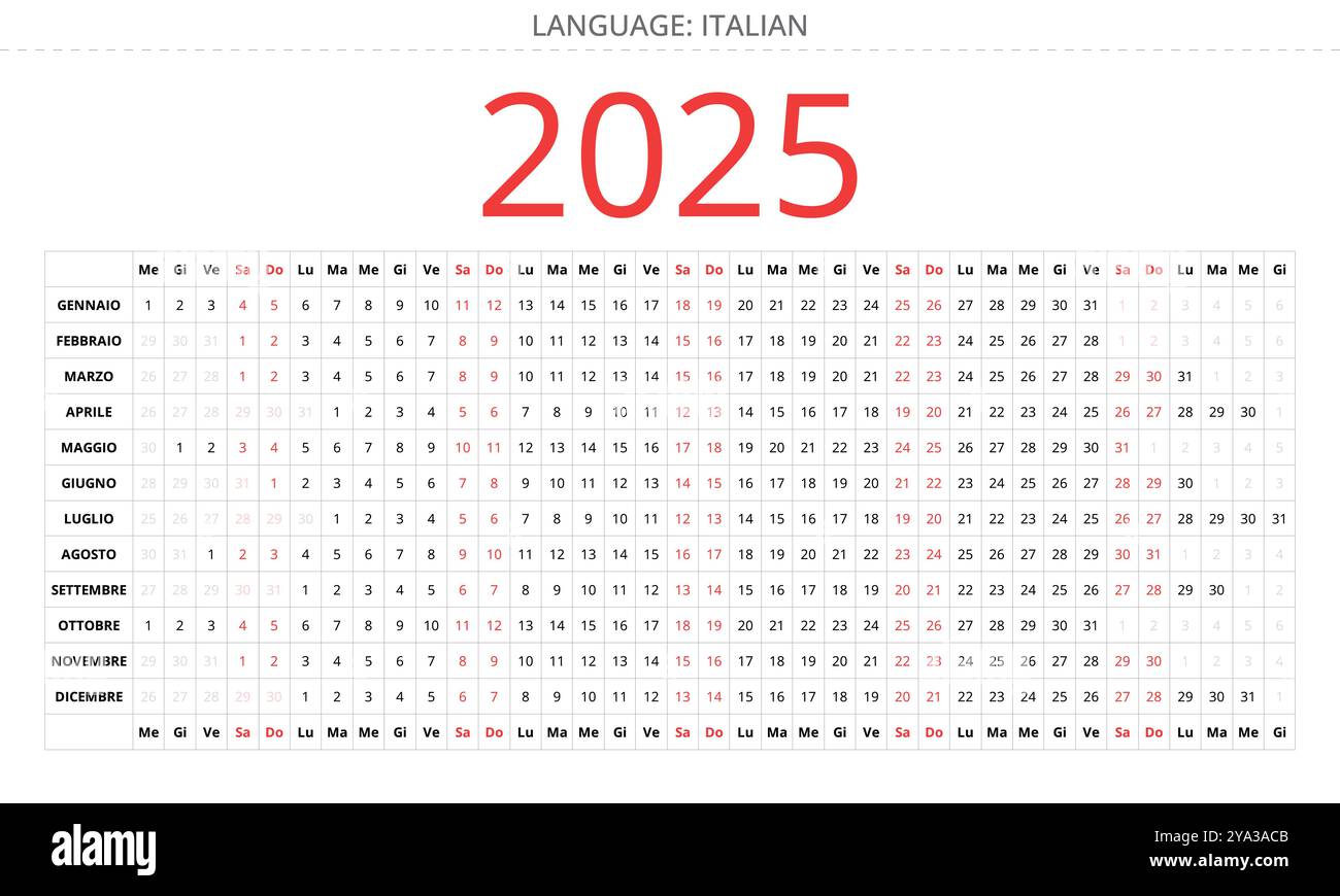 Italian 2025 linear year calendar. Days of the month in a row