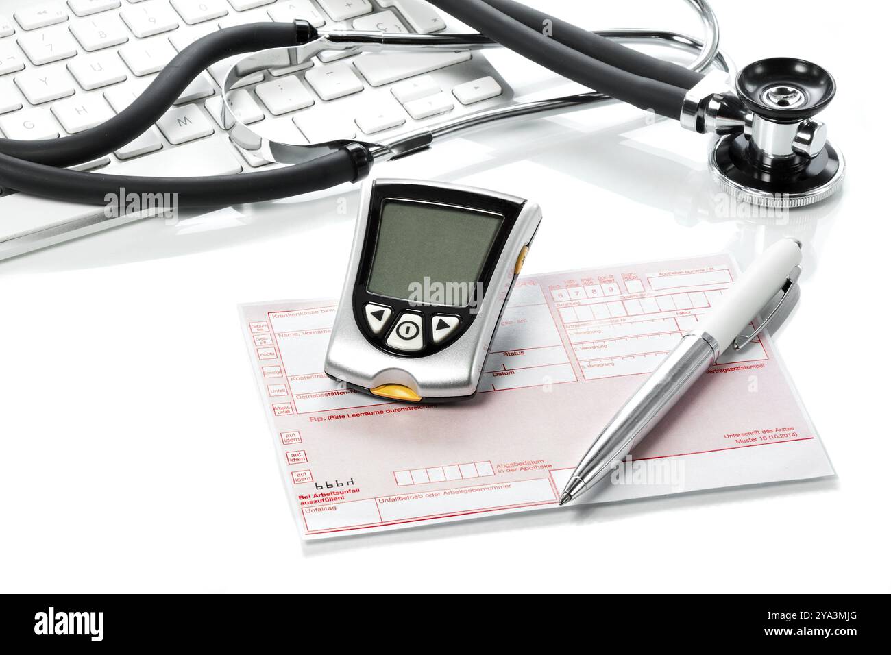 Measurement of the glucose concentration in the blood with a glucometer and a prescription Stock Photo