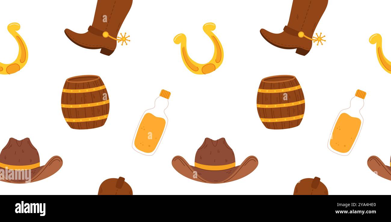 Seamless pattern Wild West elements, cowboy hats, boots with spurs, barrels, whiskey bottles, and golden horseshoes. Stock Vector