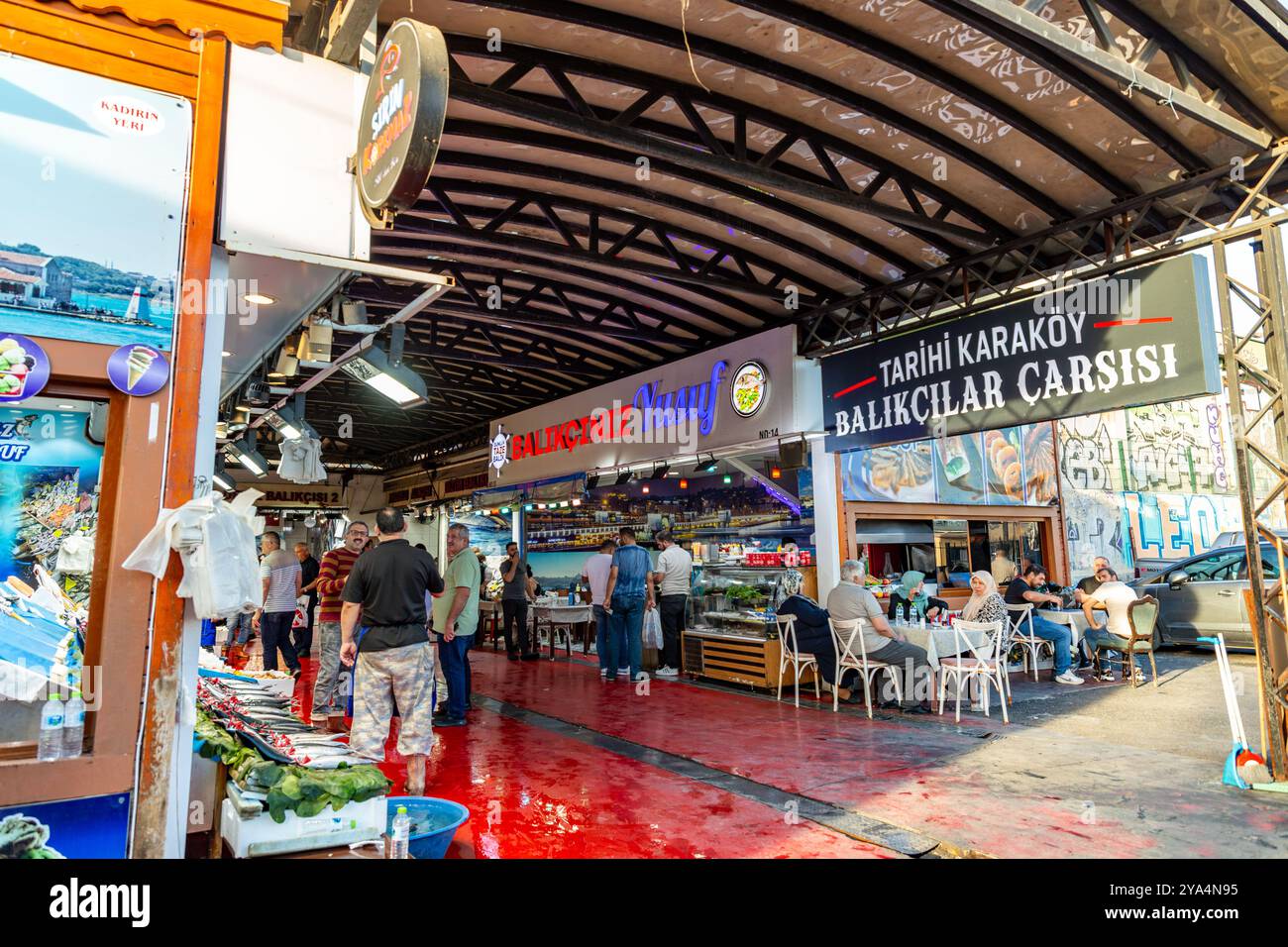 Istanbul, Turkiye - OCT 8, 2024: Various types of fish sold at the ...