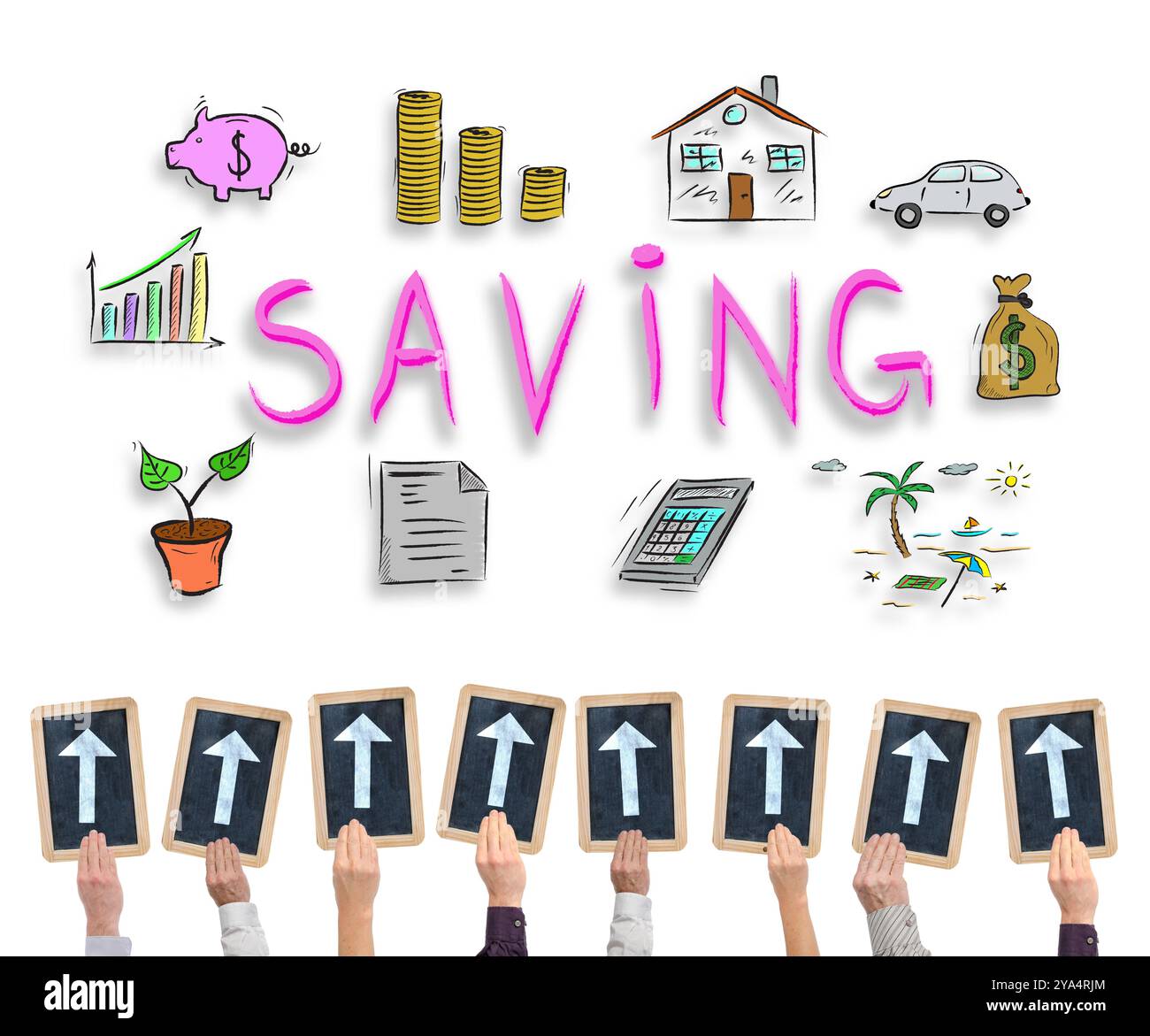 Hands holding writing slates with arrows pointing on saving concept Stock Photo