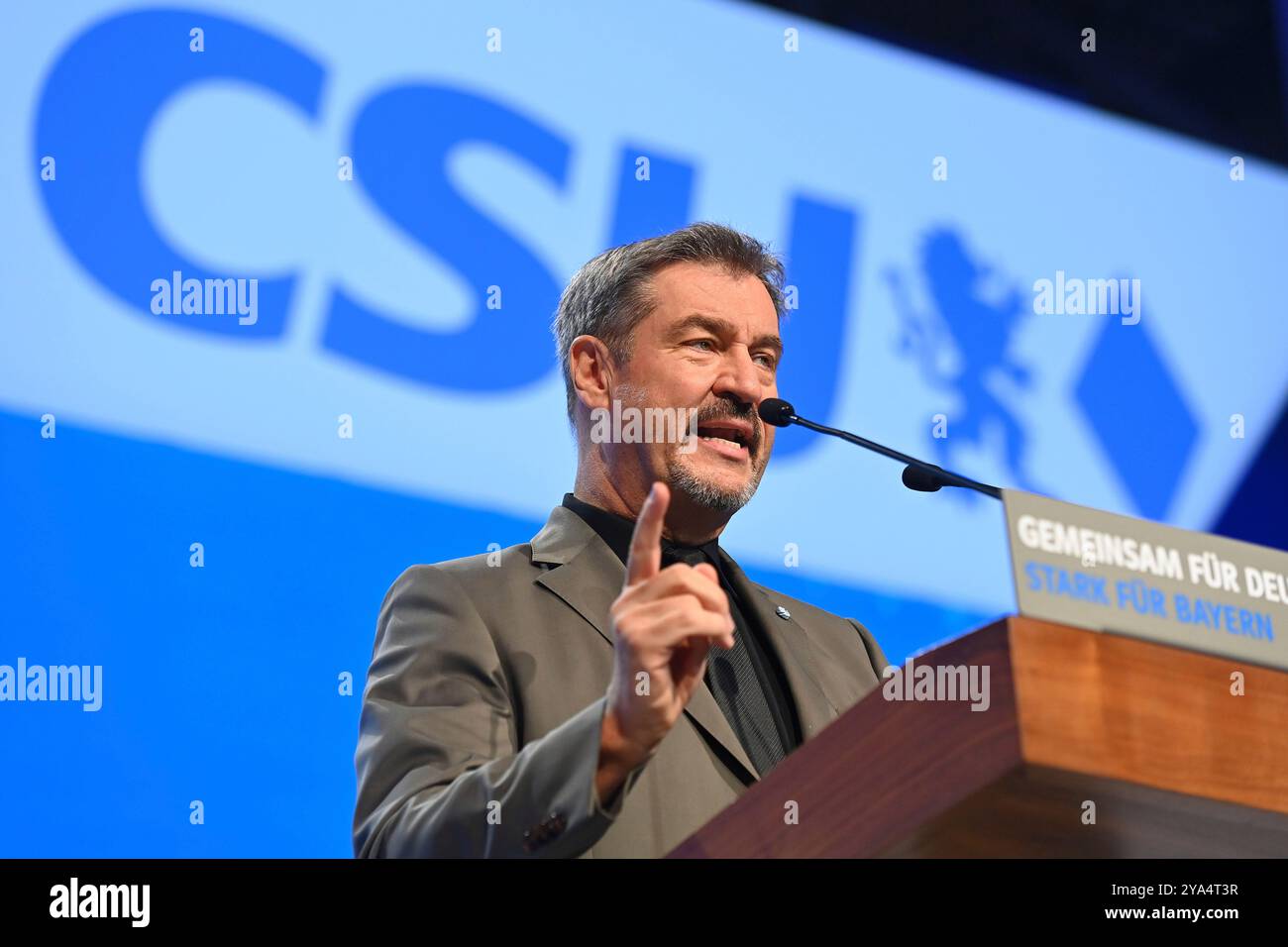 Markus SOEDER (Prime Minister of Bavaria and CSU Chairman) during his speech, single image, cropped single motif, portrait, portrait, portrait. CSU Party Congress 2024 on October 11th and 12th, 2024 AUGSBURG TRADE FAIR? Stock Photo