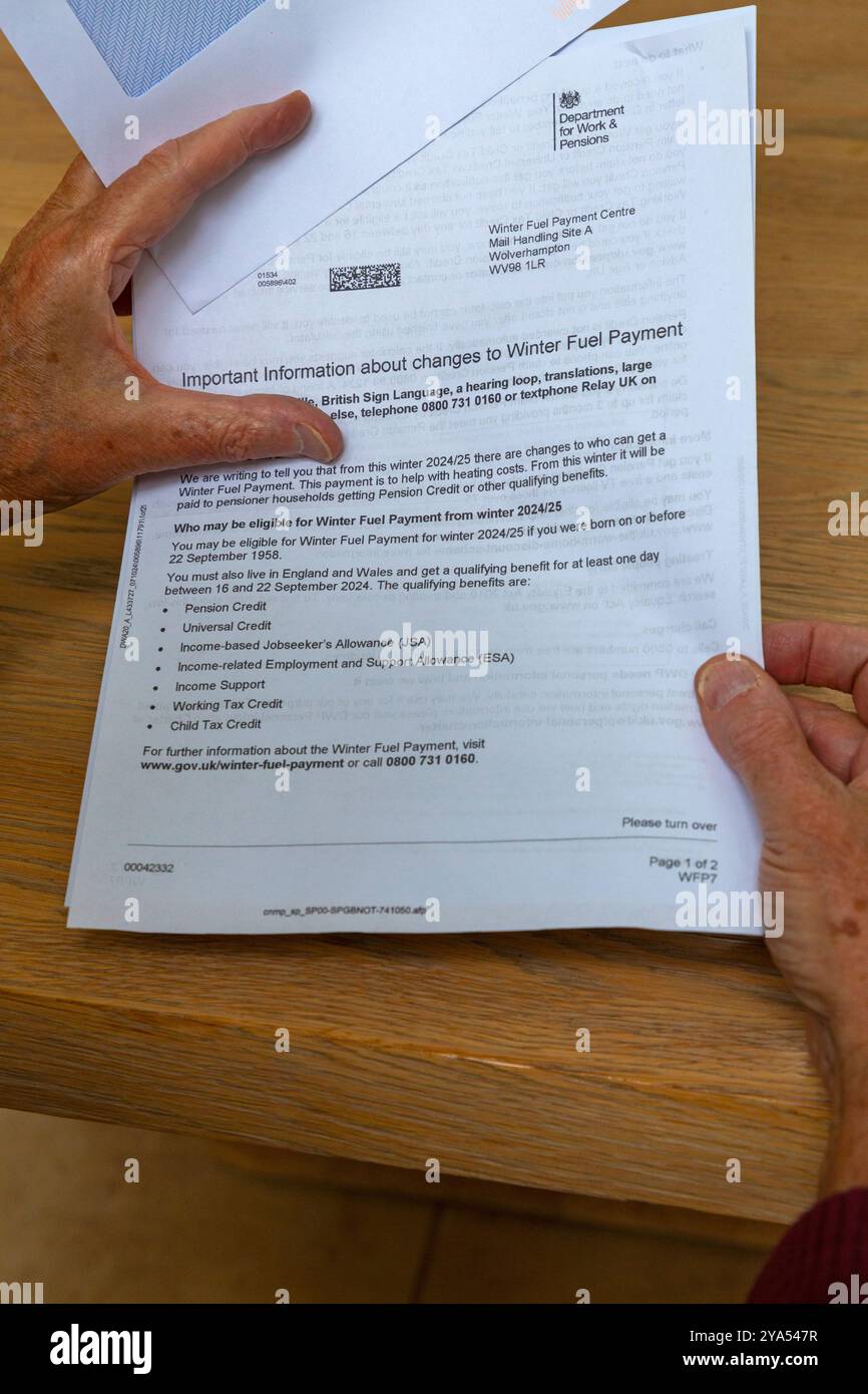 Poole, Dorset, UK. 12th October 2024. Pensioners start receiving letters about changes to the Winter Fuel Payments, whereby many will no longer receive them - many pensioners may face poverty and have to choose between heating or food. Credit: Carolyn Jenkins/Alamy Live News Stock Photo