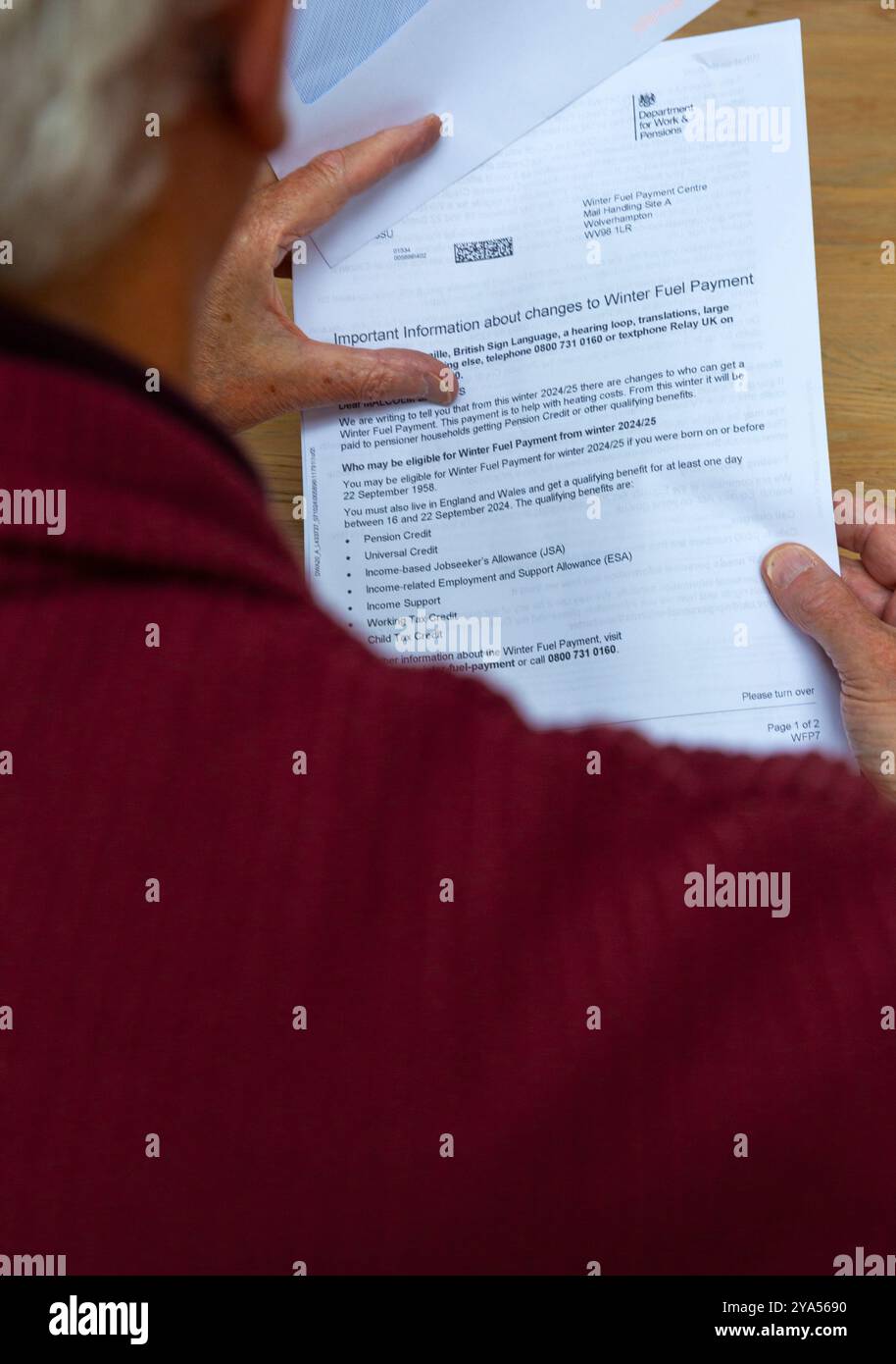 Poole, Dorset, UK. 12th October 2024. Pensioners start receiving letters about changes to the Winter Fuel Payments, whereby many will no longer receive them - many pensioners may face poverty and have to choose between heating or food. Credit: Carolyn Jenkins/Alamy Live News Stock Photo