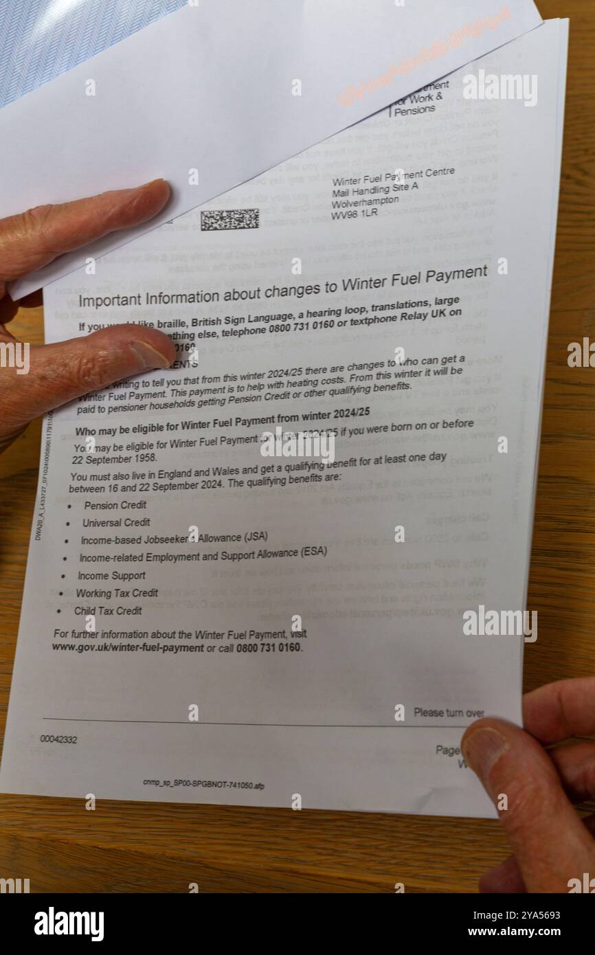 Poole, Dorset, UK. 12th October 2024. Pensioners start receiving letters about changes to the Winter Fuel Payments, whereby many will no longer receive them - many pensioners may face poverty and have to choose between heating or food. Credit: Carolyn Jenkins/Alamy Live News Stock Photo