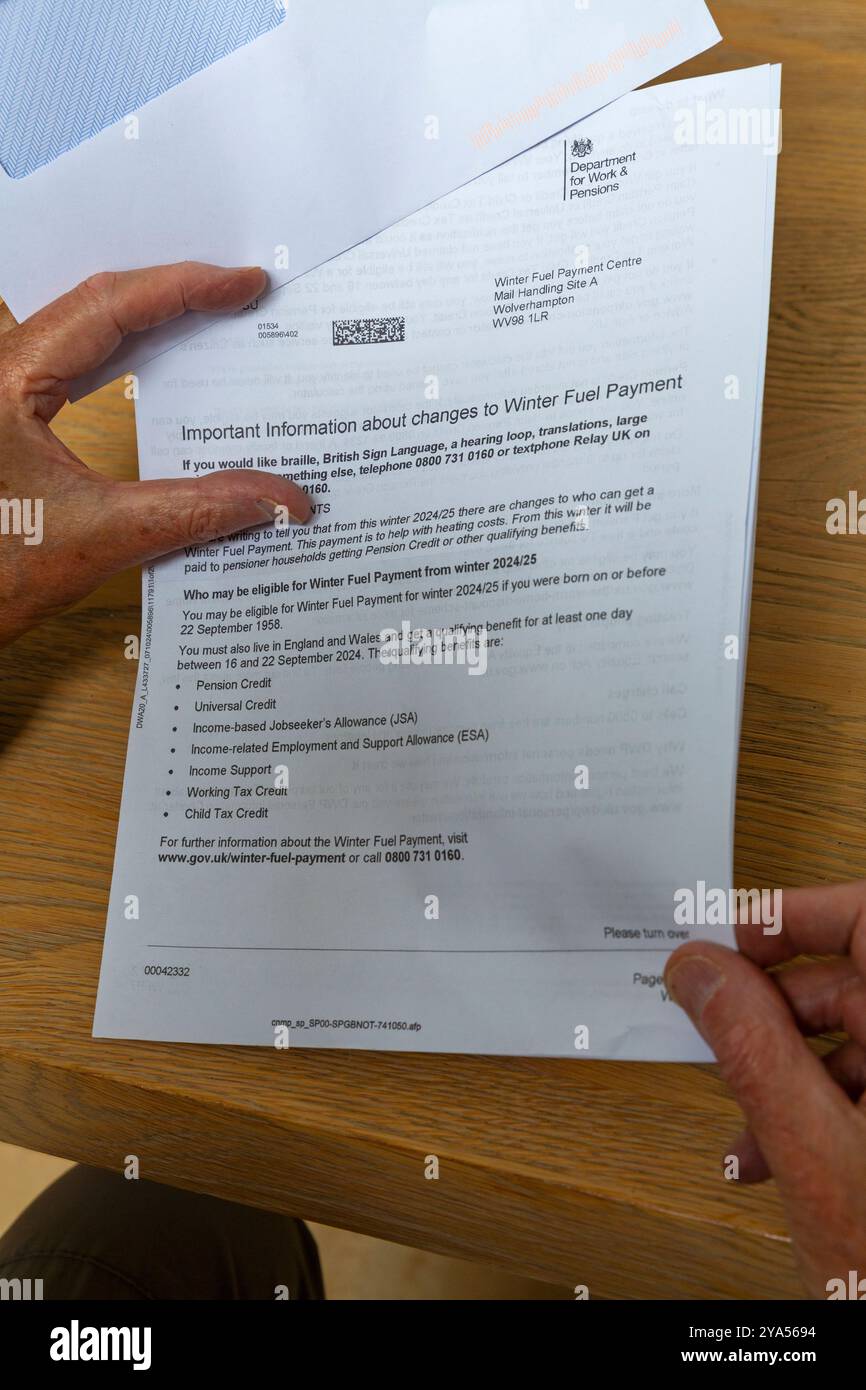 Poole, Dorset, UK. 12th October 2024. Pensioners start receiving letters about changes to the Winter Fuel Payments, whereby many will no longer receive them - many pensioners may face poverty and have to choose between heating or food. Credit: Carolyn Jenkins/Alamy Live News Stock Photo