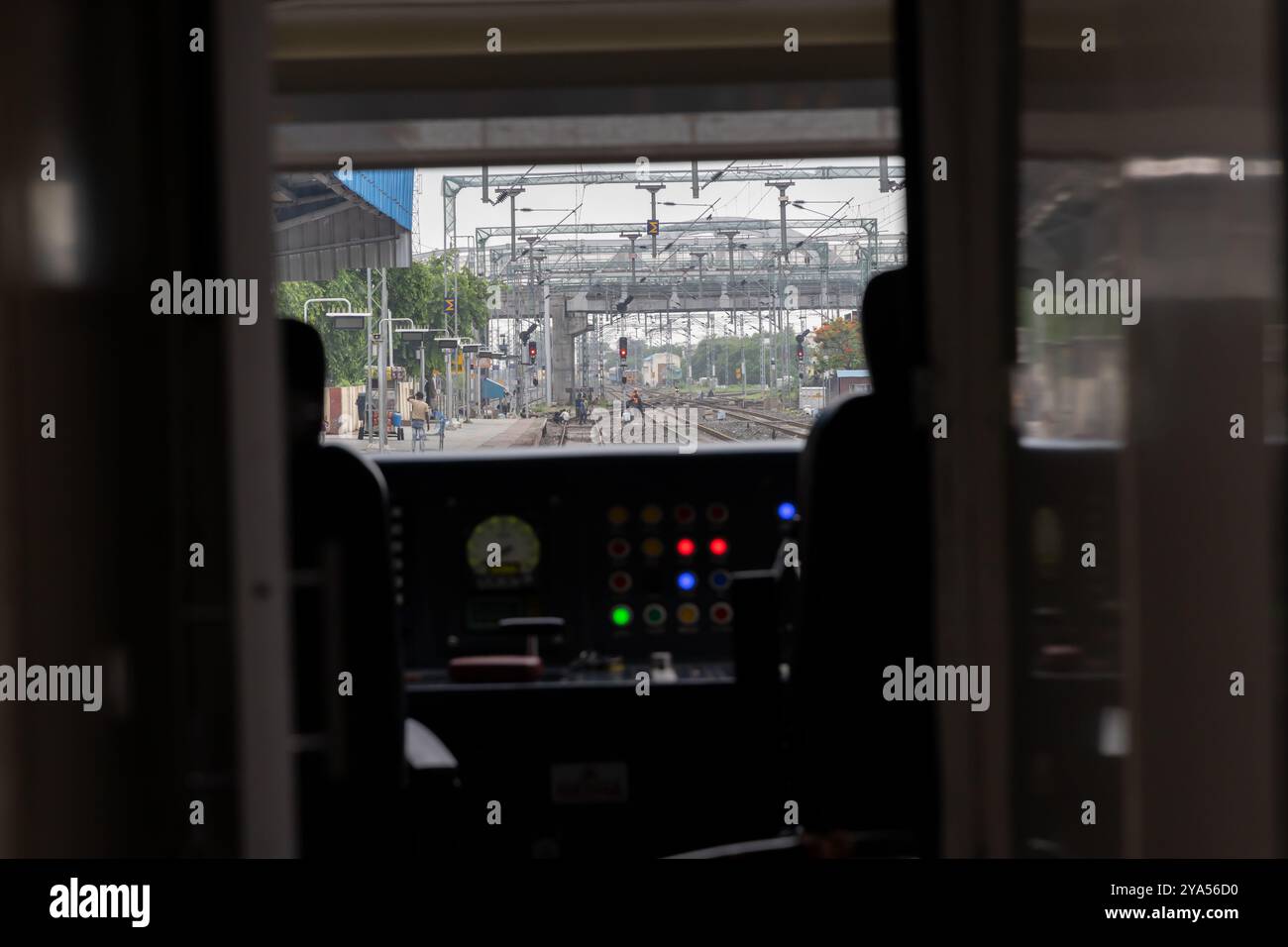 Signal Indication Train Red Signal Indication Seen from Driver's Cabin of High-Speed Train at ...