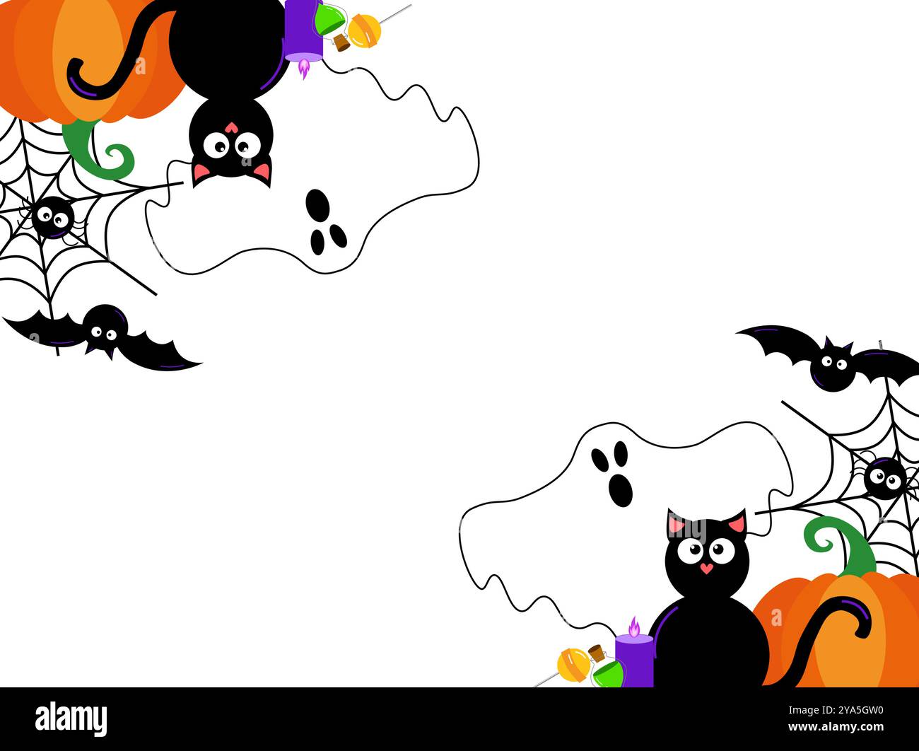 vector Illustration halloween frame square rectangle border background with ghost, Black cat, lollipop, pumpkin, bat, spider, web and potion Stock Vector