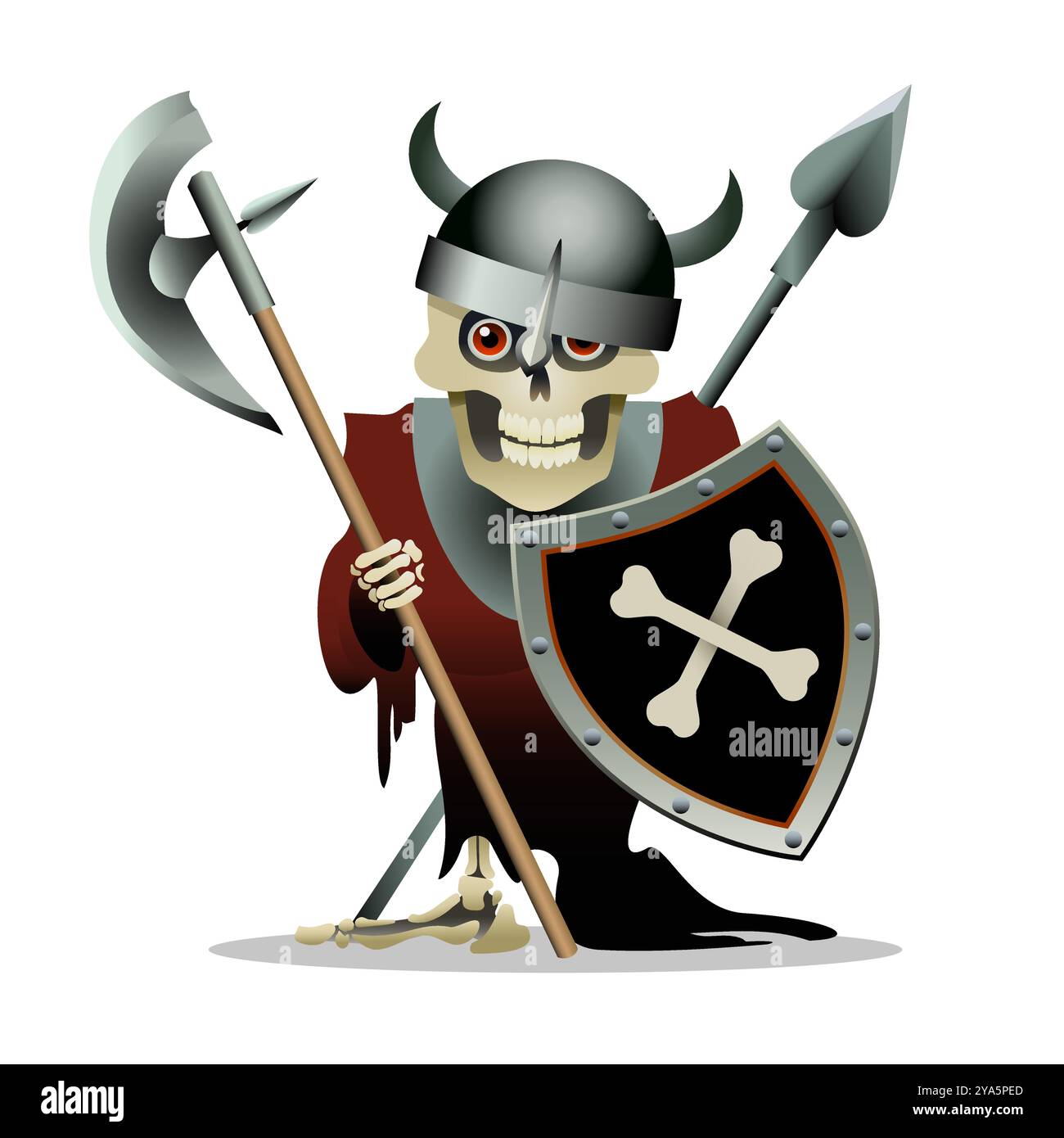 Cartoon Skeleton in Medieval Knight Clothes Isolated on White Background Vector Illustration - Stock Image