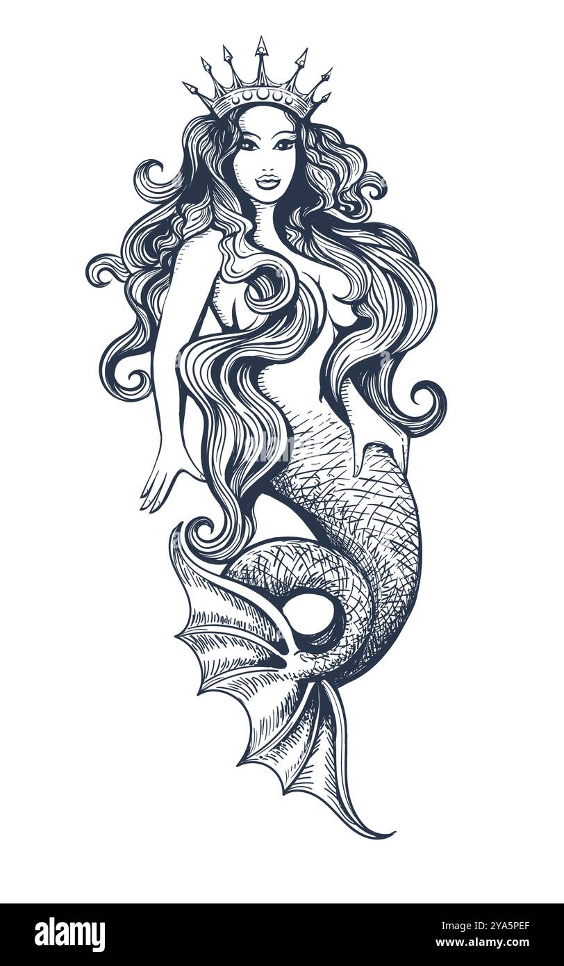 Beautiful Mermaid with a Crown on Her Head Engraving Tattoo Isolated on White Background Vector Illustration - Stock Image