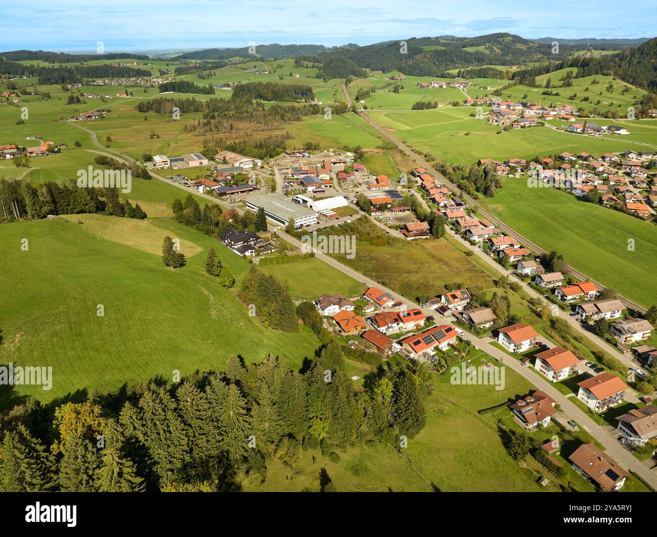 Aerial photo of the village of Oberstaufen in the Allgaeu Alps, Bavaria ...
