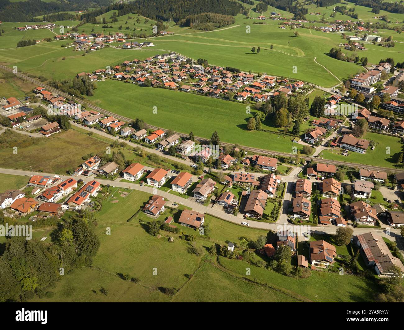 Aerial photo of the village of Oberstaufen in the Allgaeu Alps, Bavaria ...