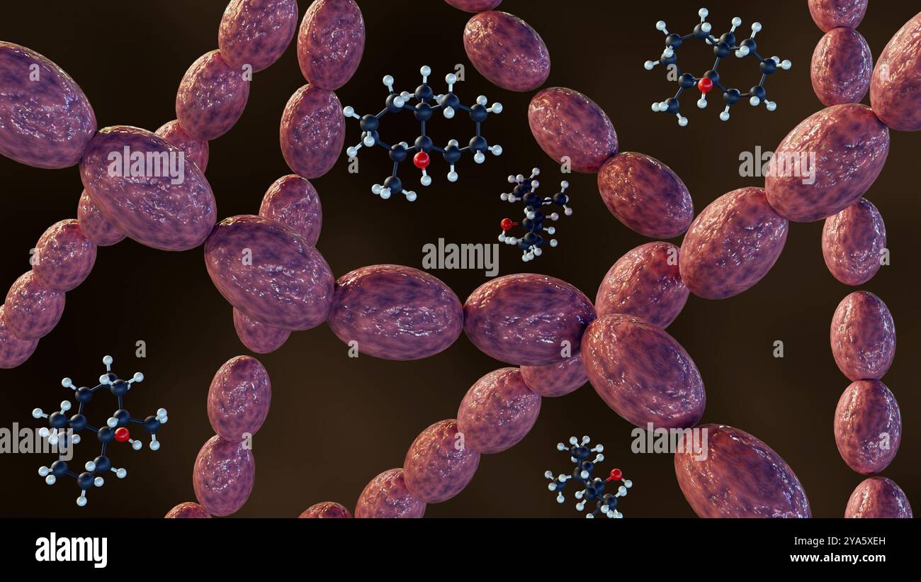 3d rendering of streptomyces and geosmin molecules, geosmin contributes to the distinctive earthy odor. Stock Photo