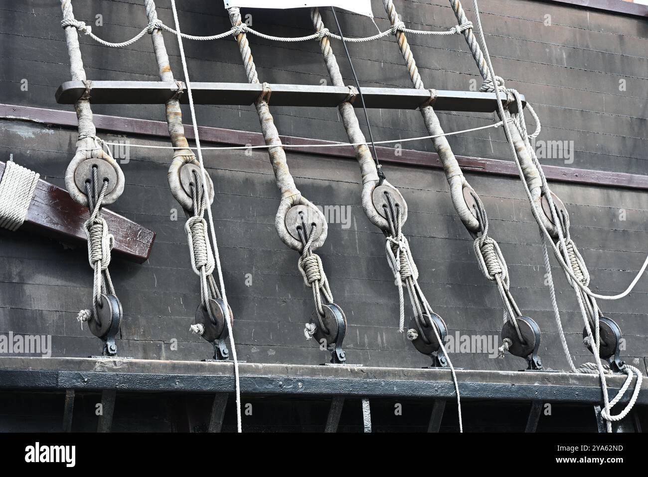 Spanish Block Rigging Rigging of the replica Spanish tallship Galeón Andalucía moored in St ...
