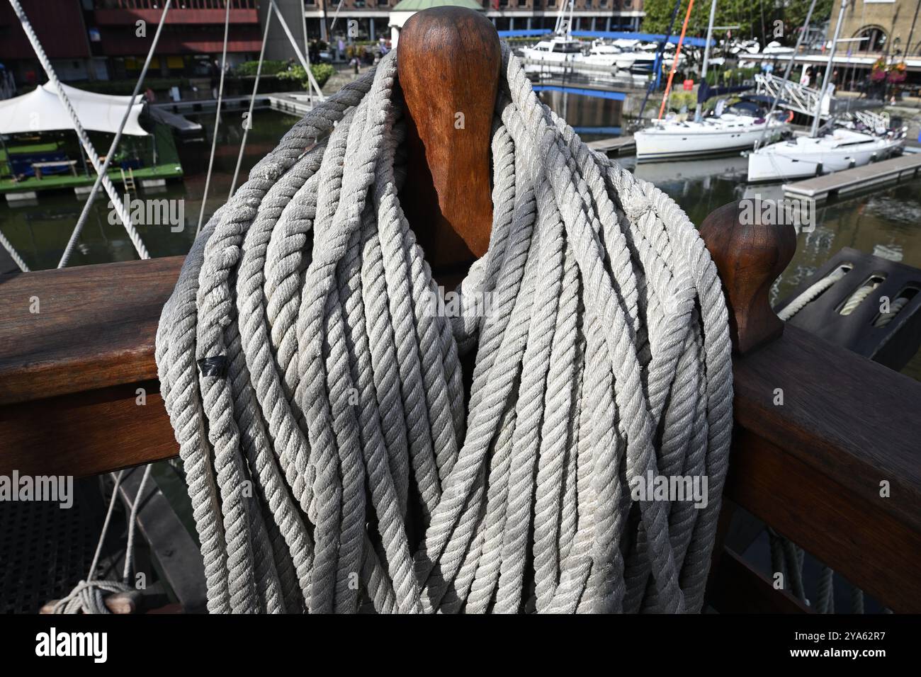 Spanish Style Rope Ropes on the replica Spanish tallship Galeón Andalucía moored in St ...