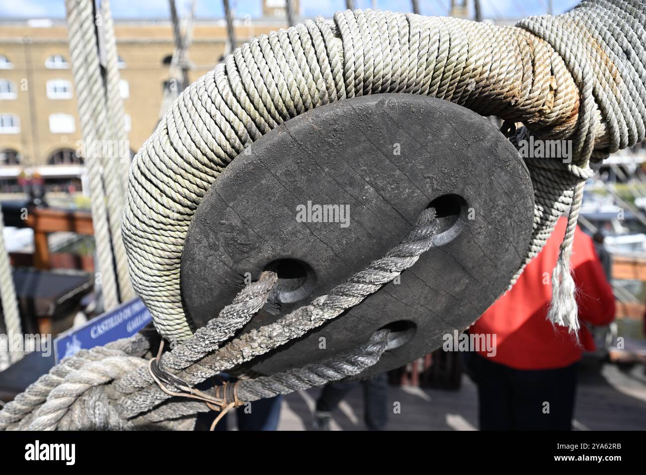 Spanish Block Rigging Rigging on the replica Spanish tallship Galeón Andalucía moored in St ...