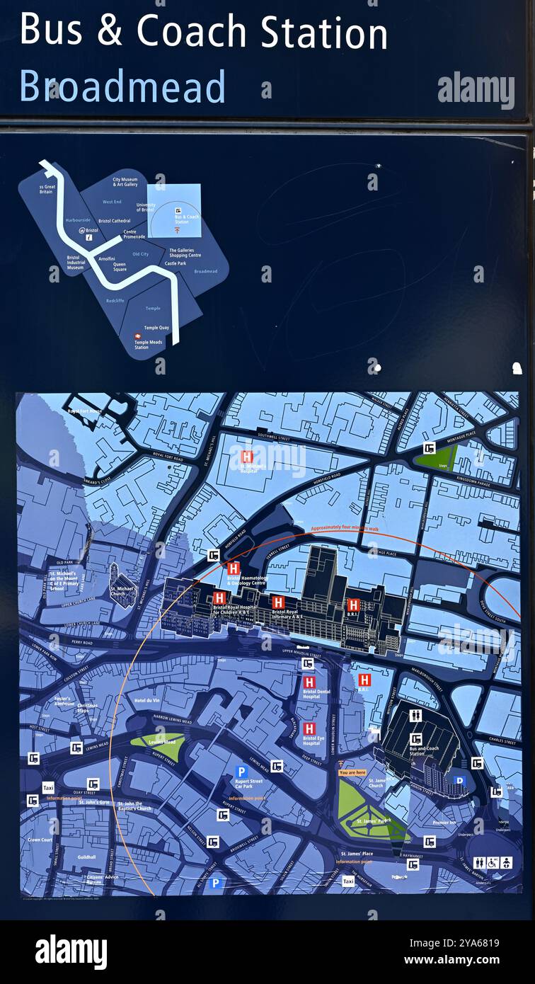 Location map central Bristol, UK, bus and coach station, hospital complex, near Broadmead