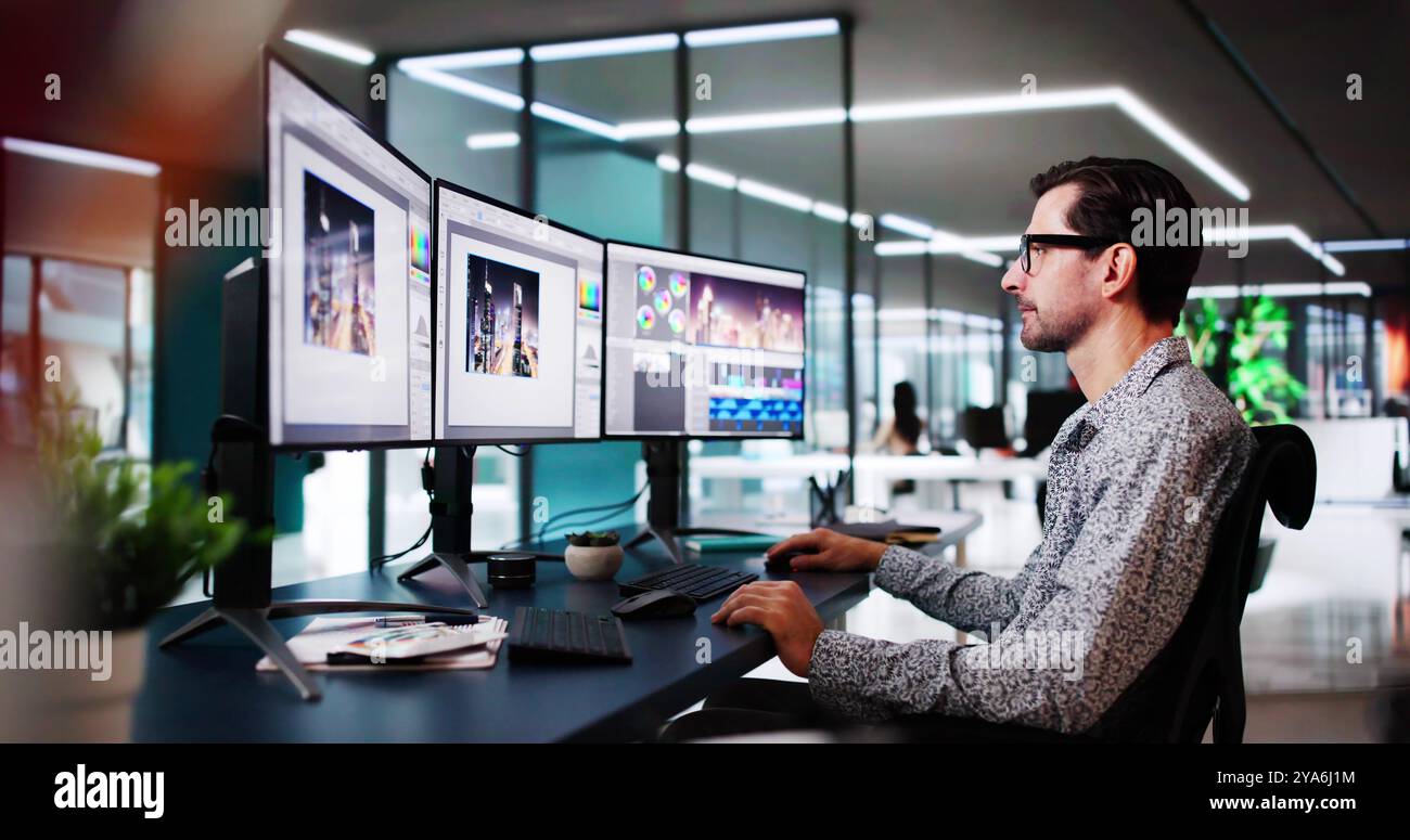 Video Editor Or Designer Using Editing Software Tech On Computer Stock Photo