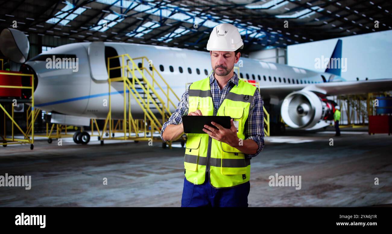 Aviation Aircraft Technician Doing Safety Check Using Tablet Stock Photo