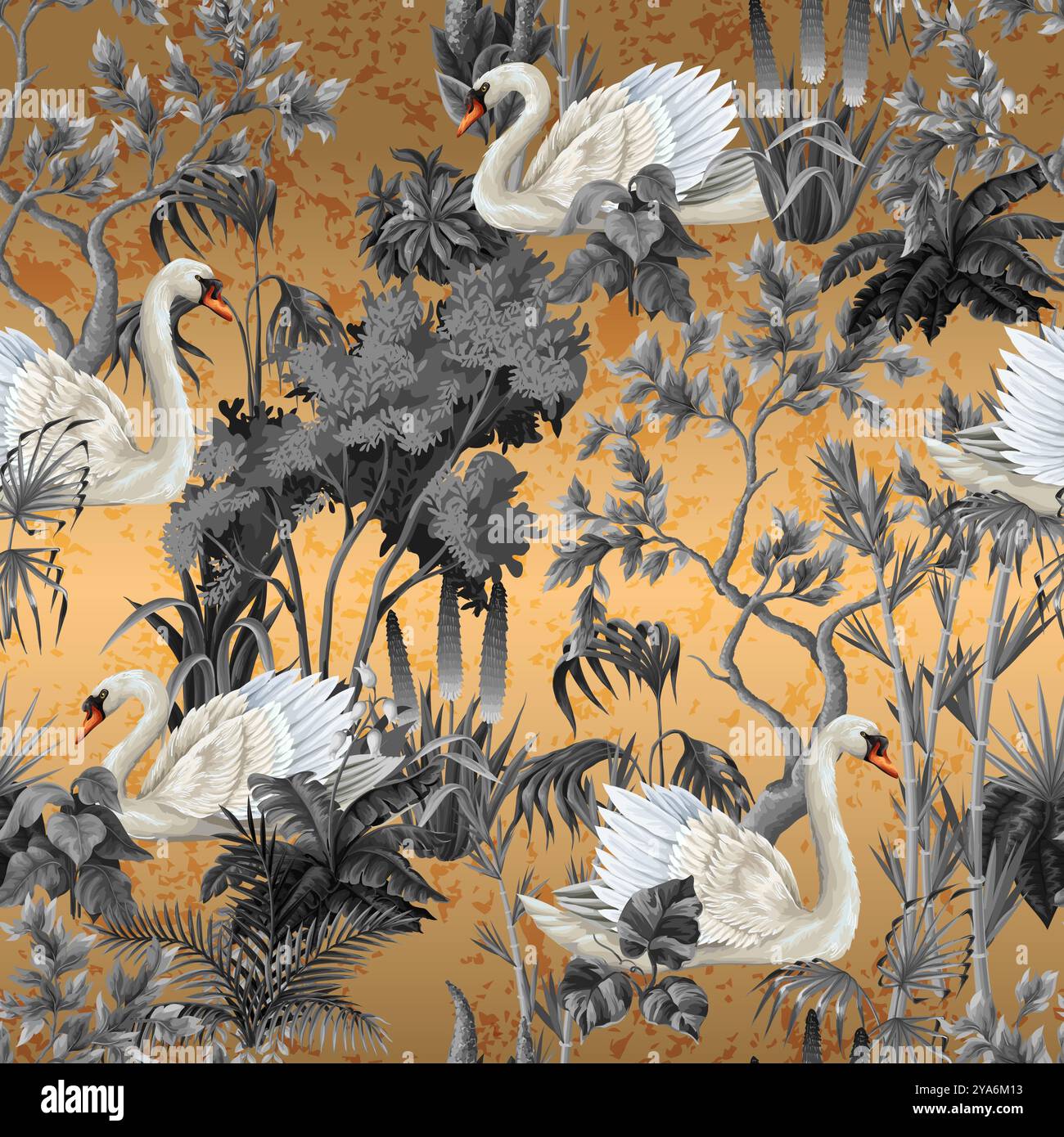 Seamless pattern with white swans and plants on the gold background. Vector. Stock Vector