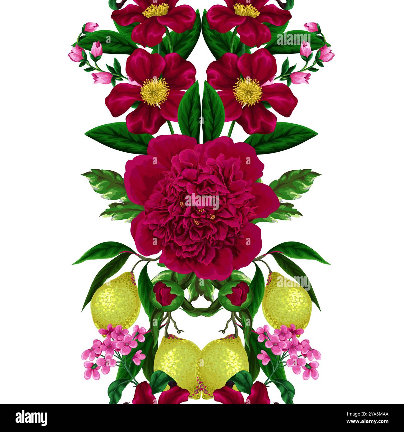 Seamless pattern with peonies, lemons and other flowers. Vector. Stock Vector