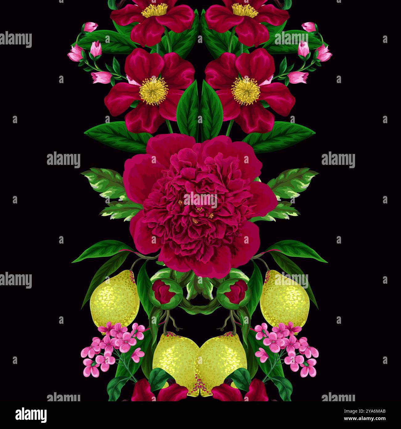 Seamless pattern with peonies, lemons and other flowers. Vector. Stock Vector