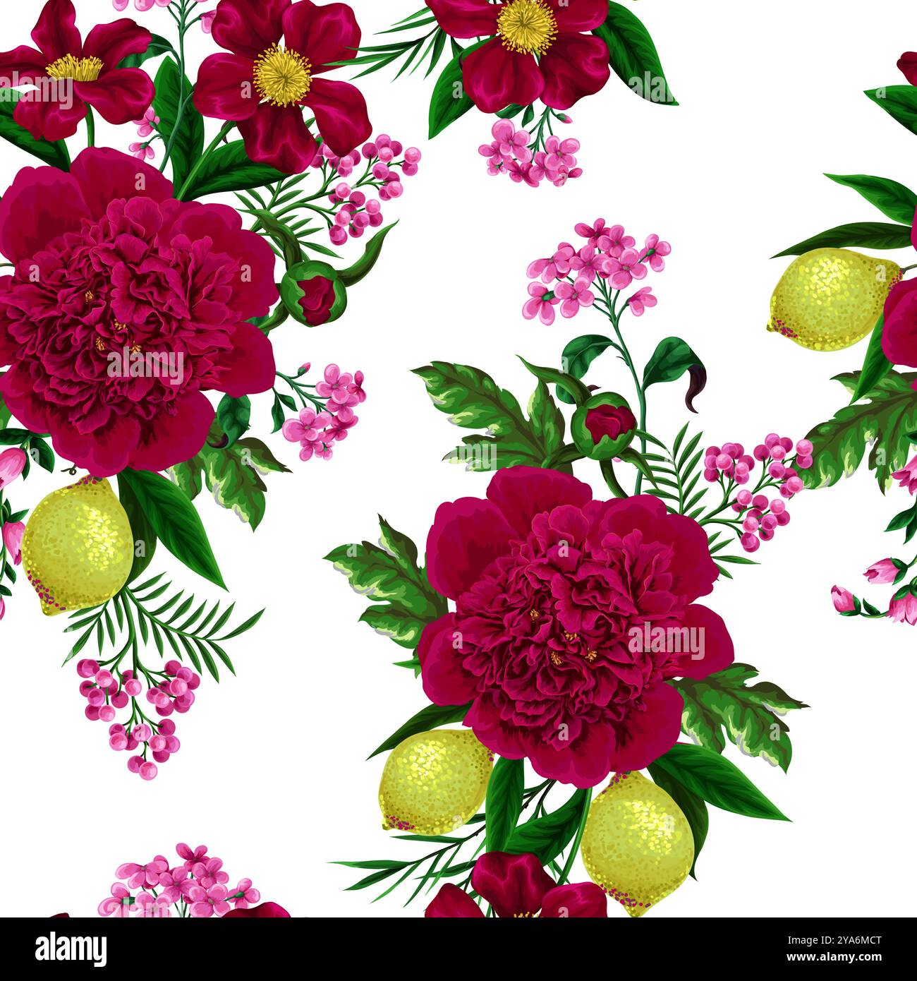 Seamless pattern with peonies, lemons and other flowers. Vector. Stock Vector