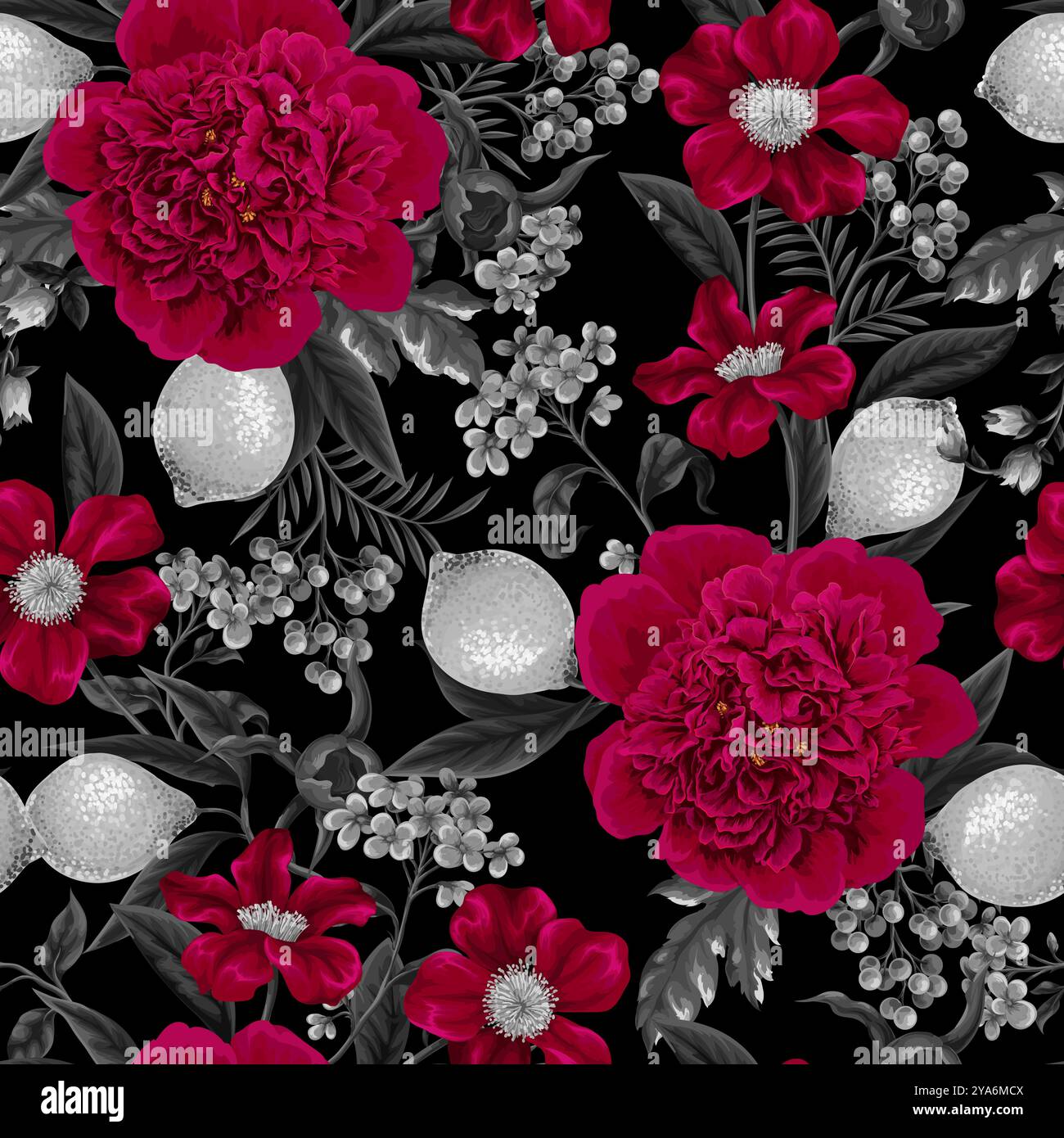 Seamless pattern with peonies, lemons and other flowers. Vector. Stock Vector