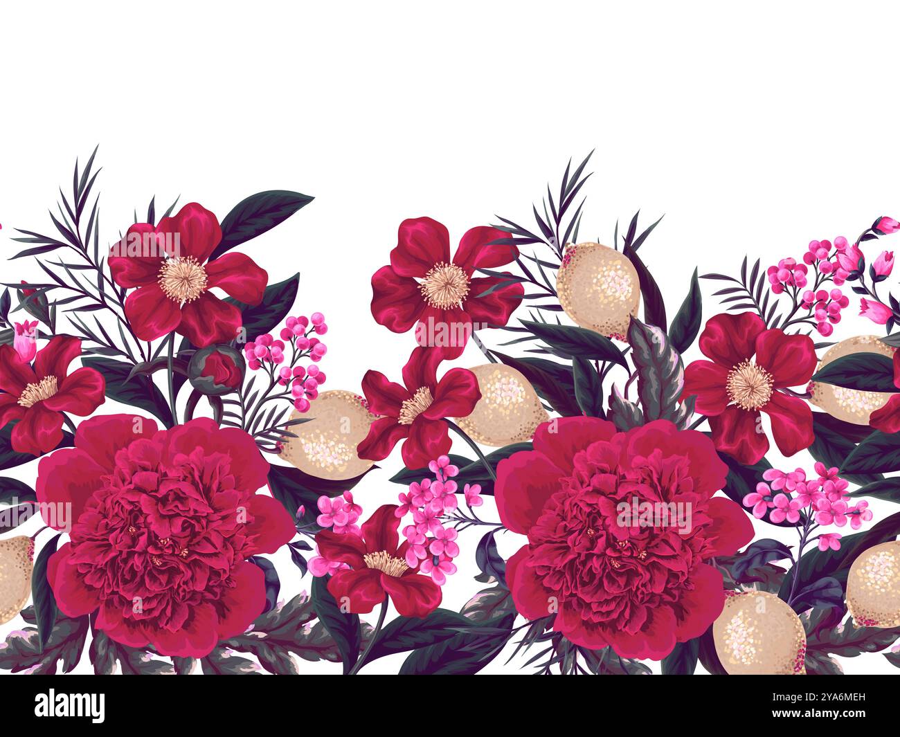 Border with peonies, lemons and other flowers. Vector. Stock Vector