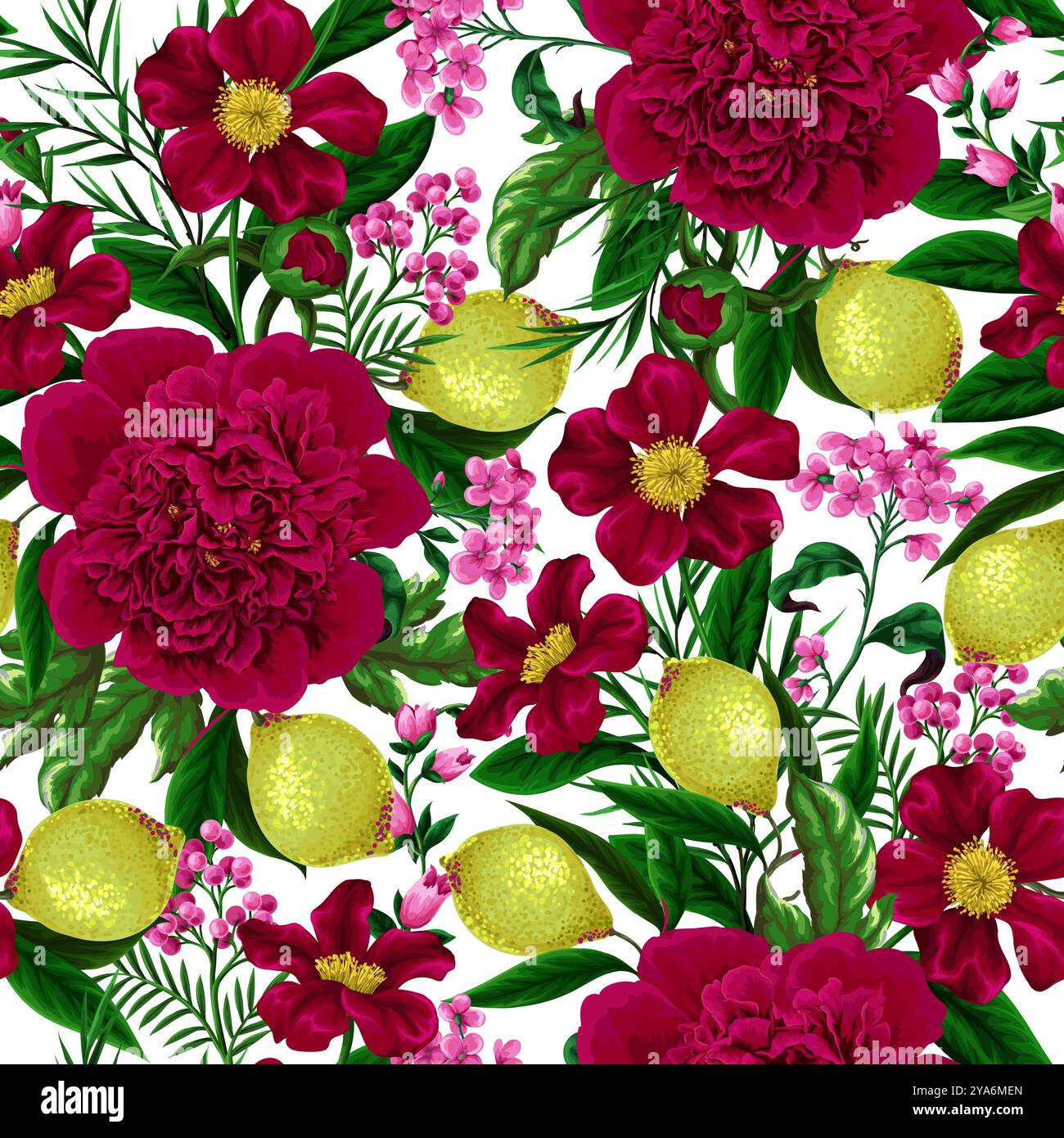 Seamless pattern with peonies, lemons and other flowers. Vector. Stock Vector