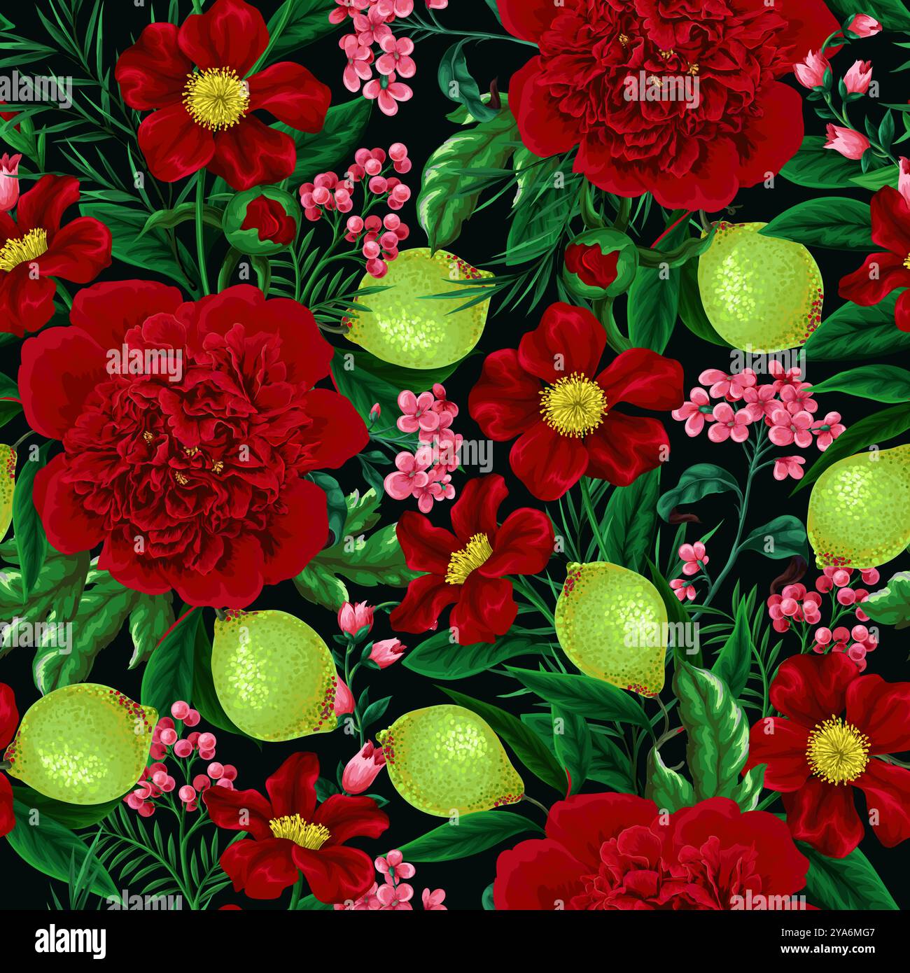 Seamless pattern with peonies, lemons and other flowers. Vector. Stock Vector
