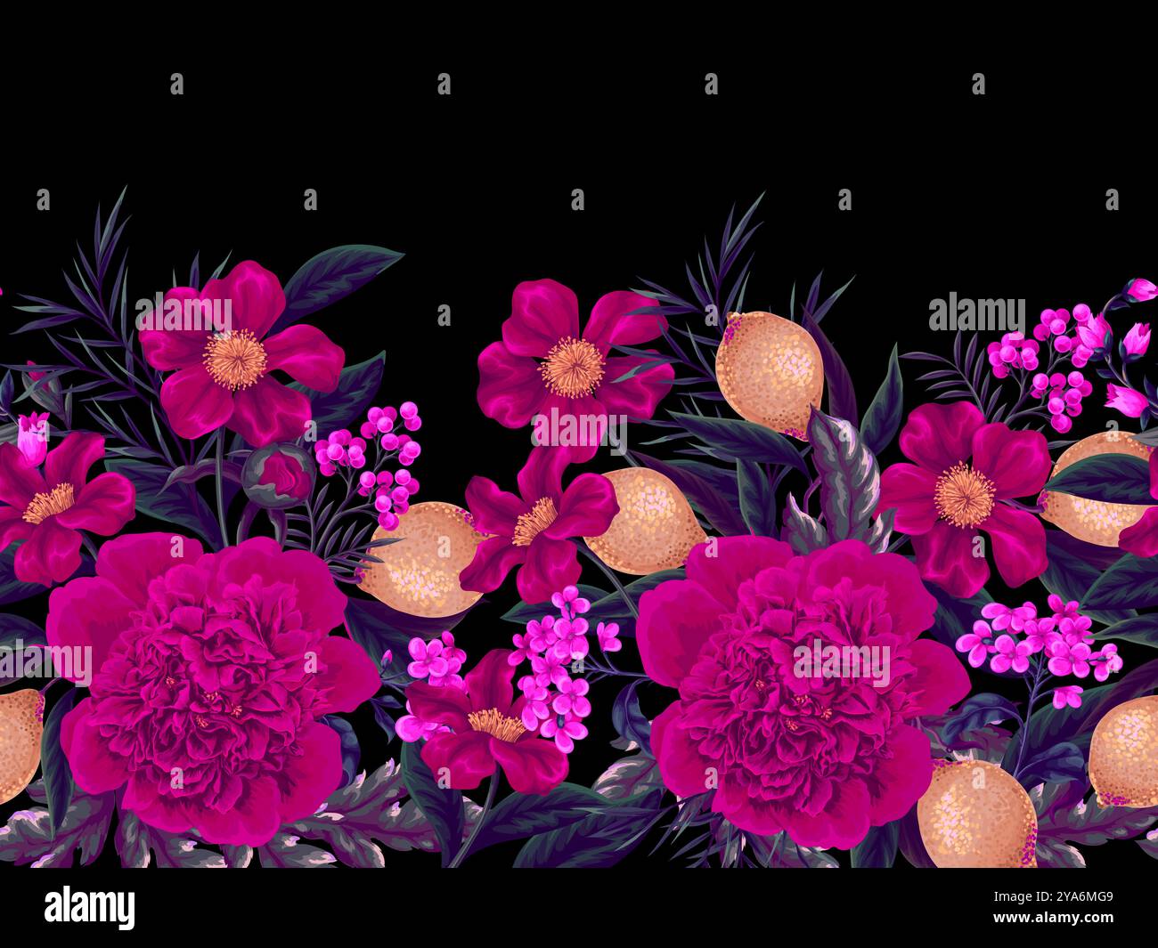 Border with peonies, lemons and other flowers. Vector. Stock Vector