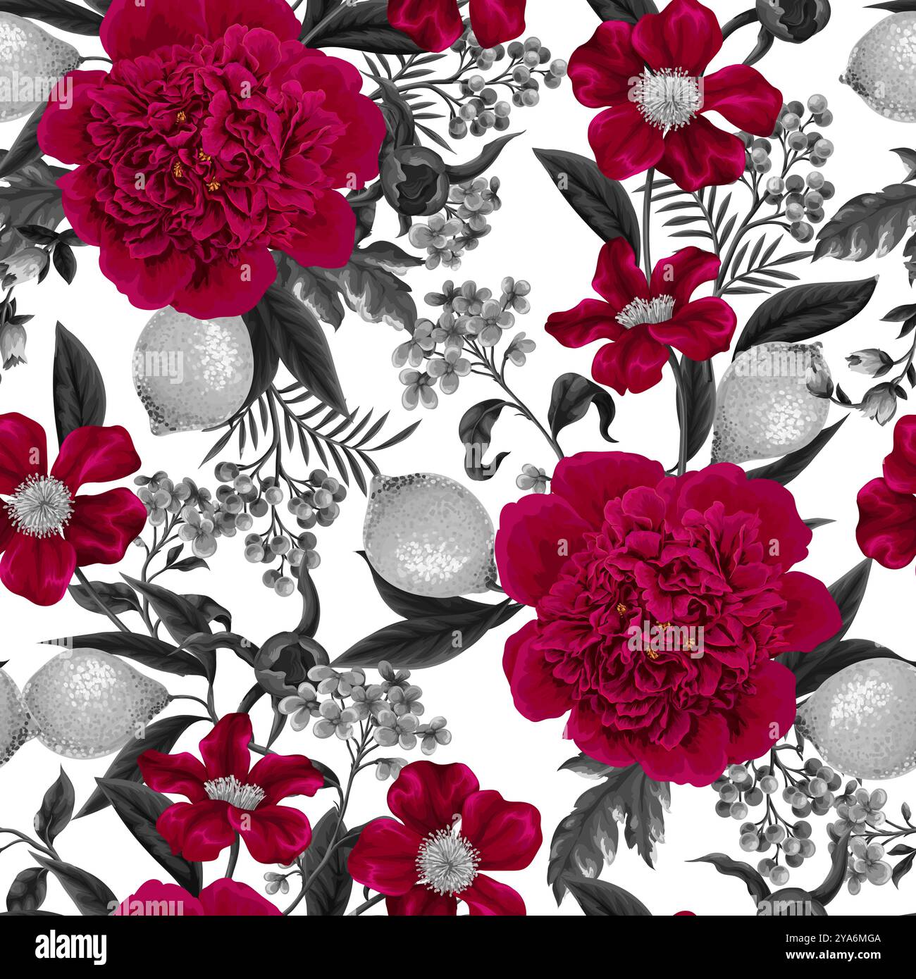 Seamless pattern with peonies, lemons and other flowers. Vector. Stock Vector