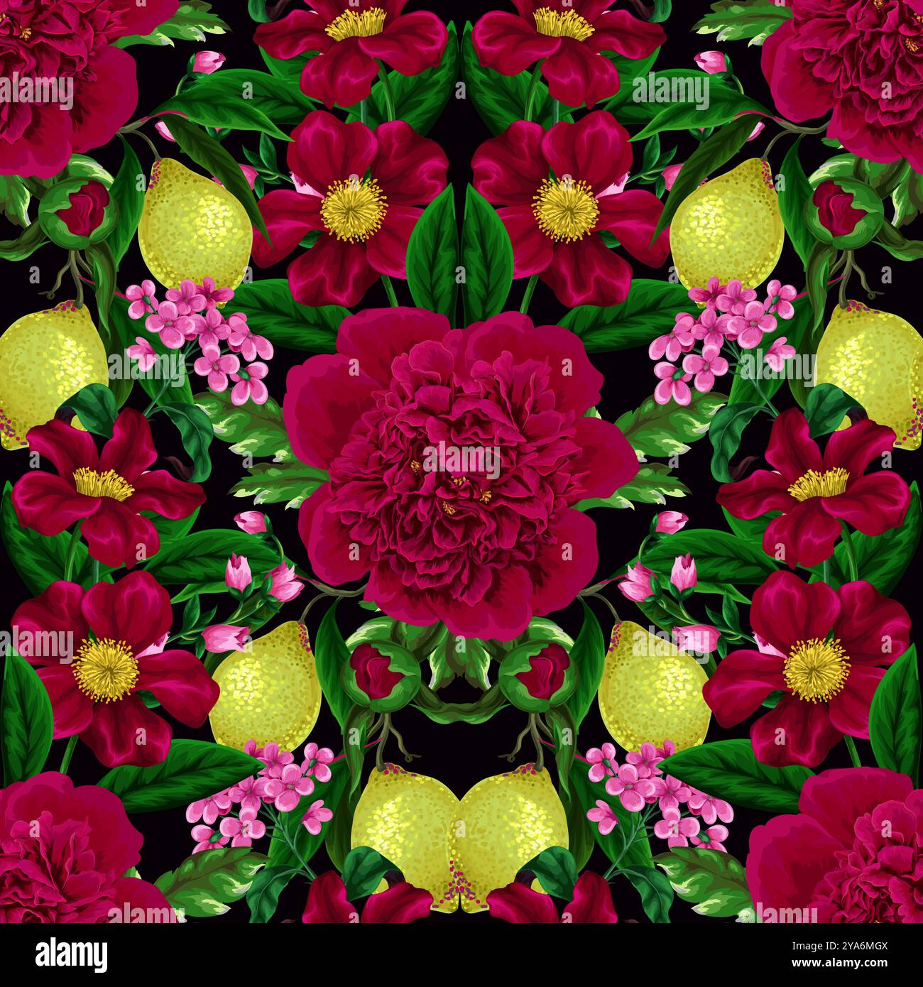 Seamless pattern with peonies, lemons and other flowers. Vector. Stock Vector