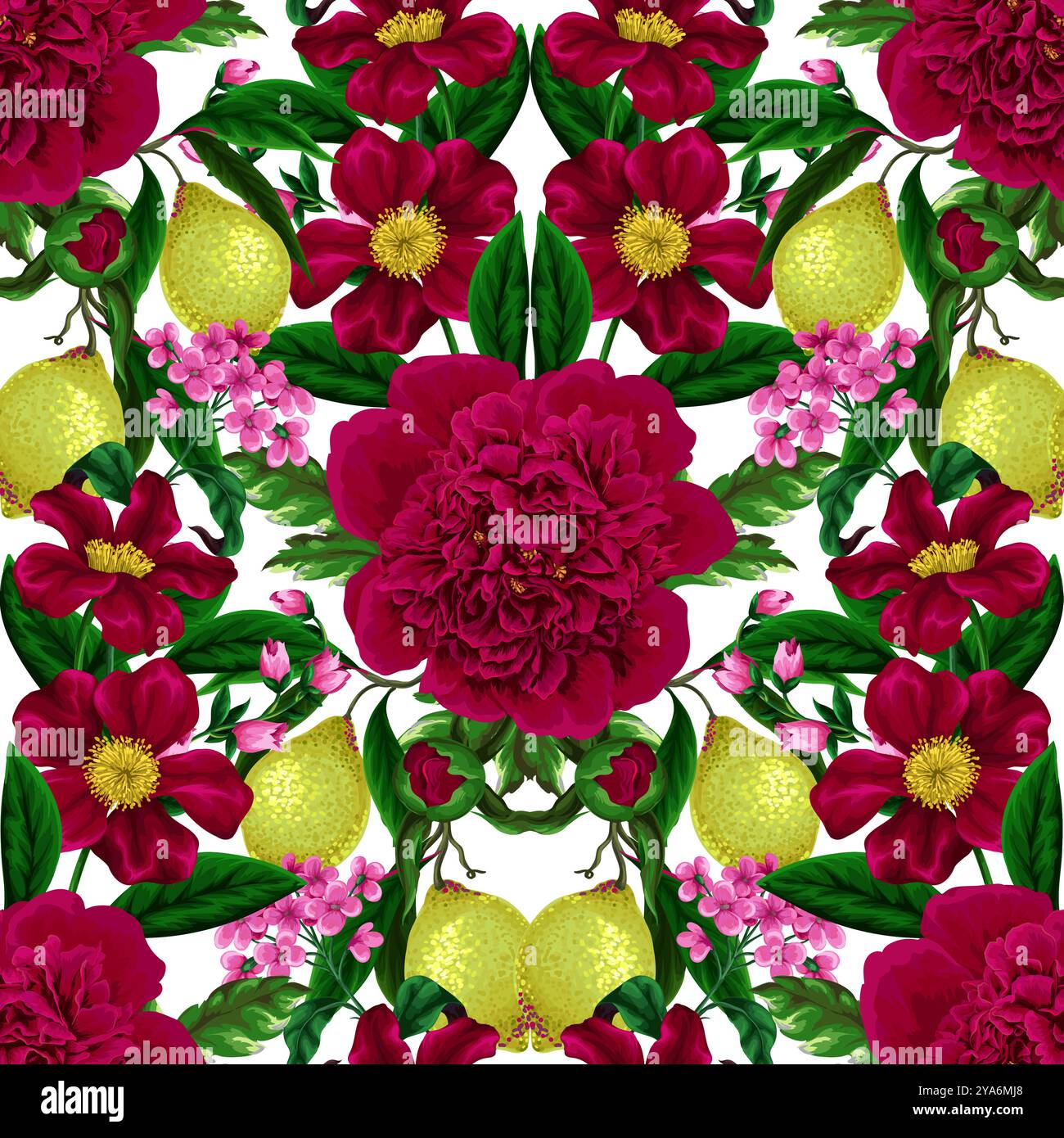 Seamless pattern with peonies, lemons and other flowers. Vector. Stock Vector