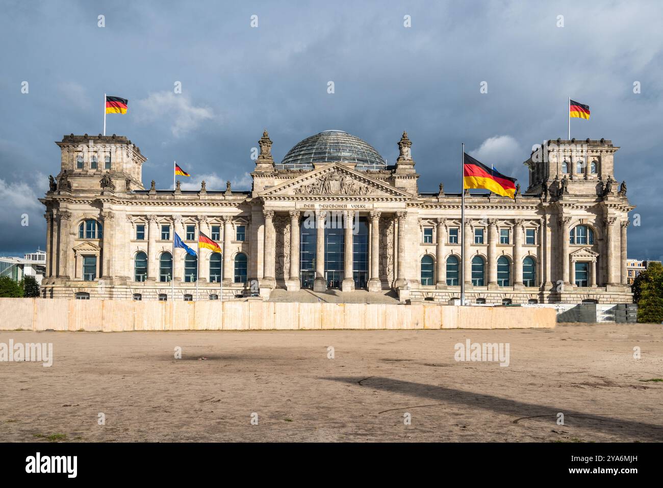 Reichstag building, the seat of the German parliament, in Berlin, Germany. View with the dedication “Dem deutschen Volke”, meaning “To the German peop Stock Photo