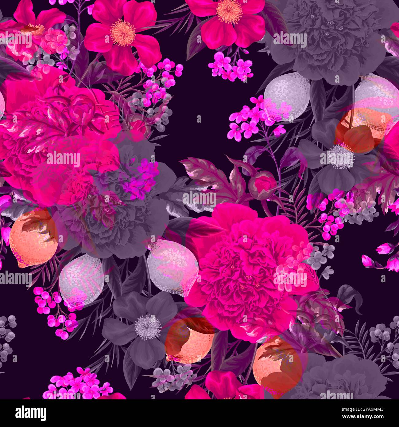 Seamless pattern with peonies, lemons and other flowers. Vector. Stock Vector