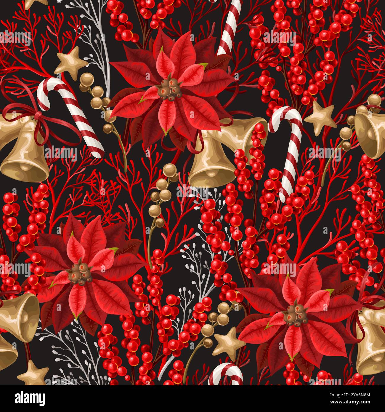 Christmas seamless pattern with red berries and bells. Vector Stock ...