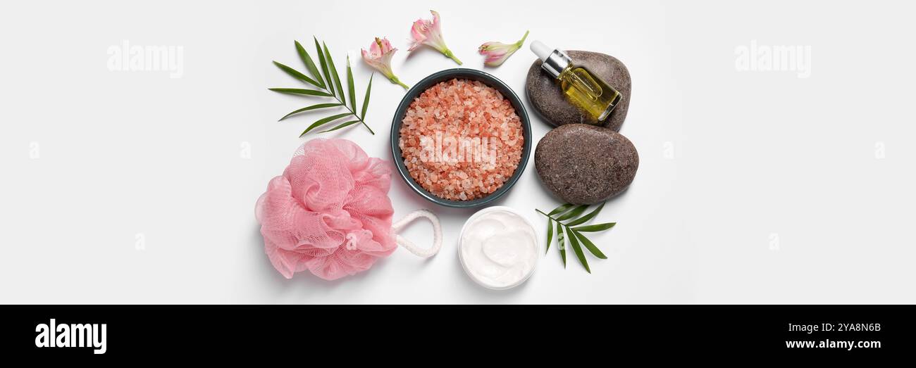 Flat lay composition with cosmetic products for spa treatment on white ...