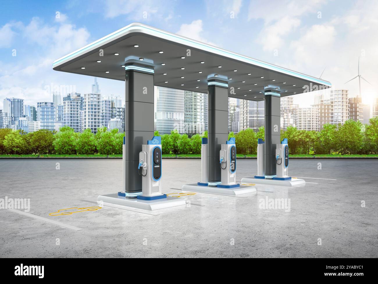 3d rendering group of ev charging stations or electric vehicle ...