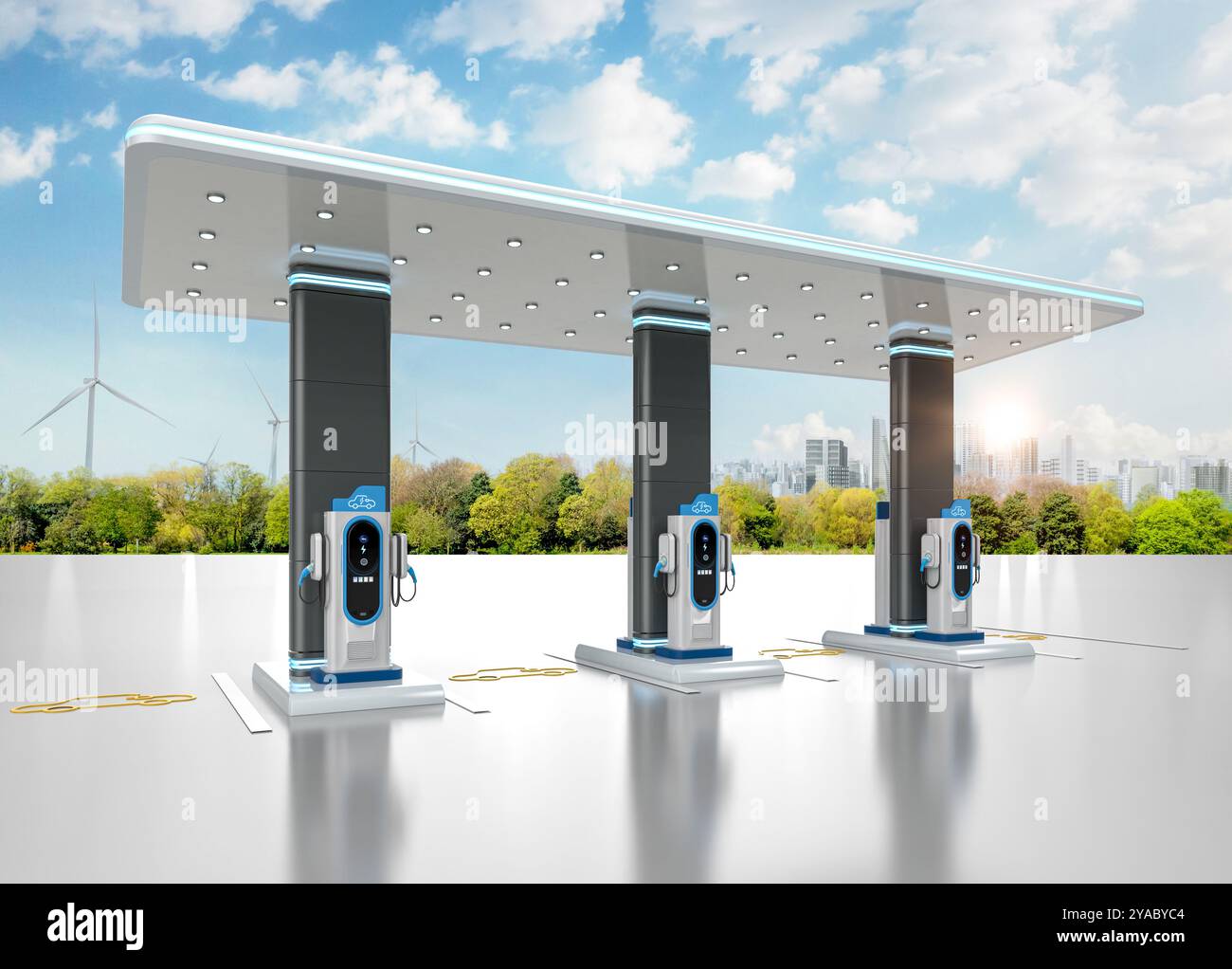 Ev Rendering 3d rendering group of ev charging stations or electric vehicle ...