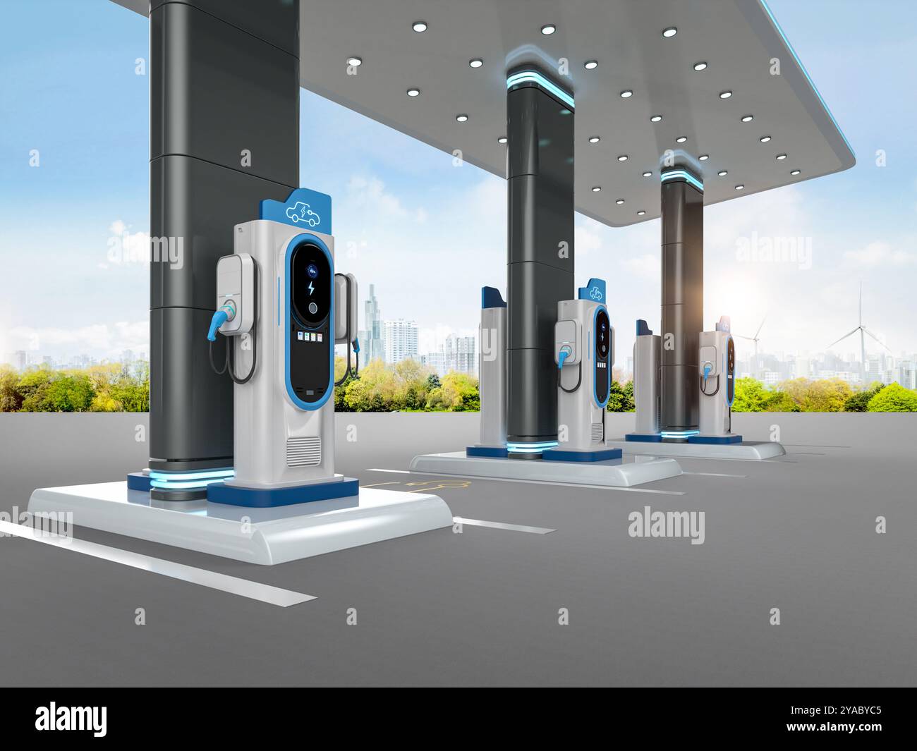 3d rendering group of ev charging stations or electric vehicle ...