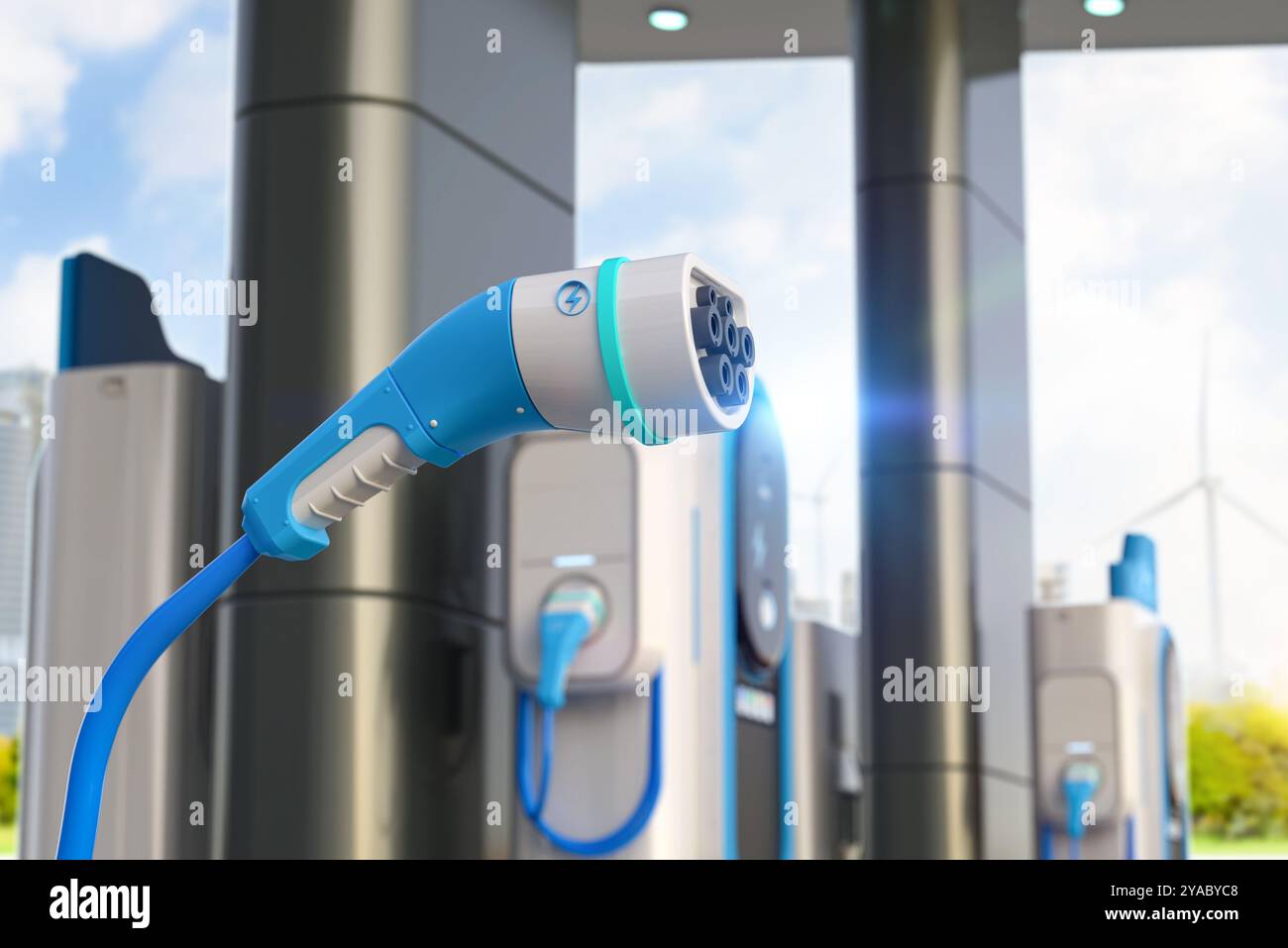 3d rendering ev charging stations focus on charger plug or connector ...