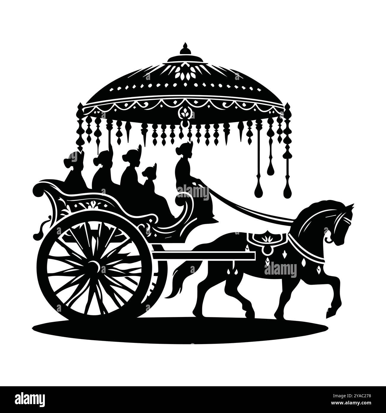 Silhouette of a horse-drawn carriage against a sunset, showcasing its elegant shape and timeless charm. Stock Vector