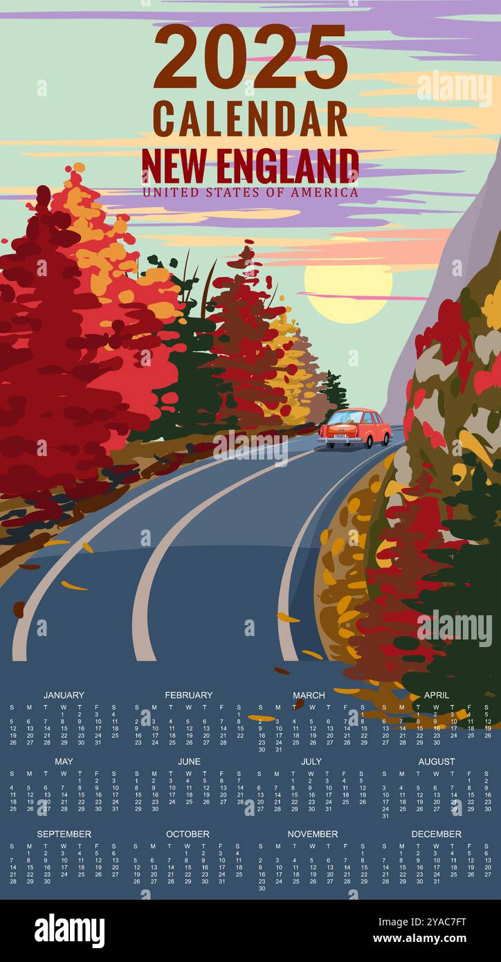 2025 Calendar Monthly New England travel vintage poster, autumn road